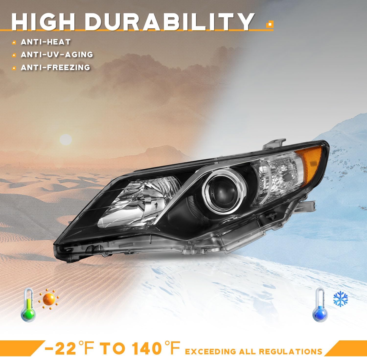 WEELMOTO Headlights Compatible with 2012-2014 Toyota Camry L/Se/Le/Xle/Hybrid, Headlamp Replacement for 12 2013 14 Camry Black Housing Amber Reflector Pair Set Driver&Passenger Side