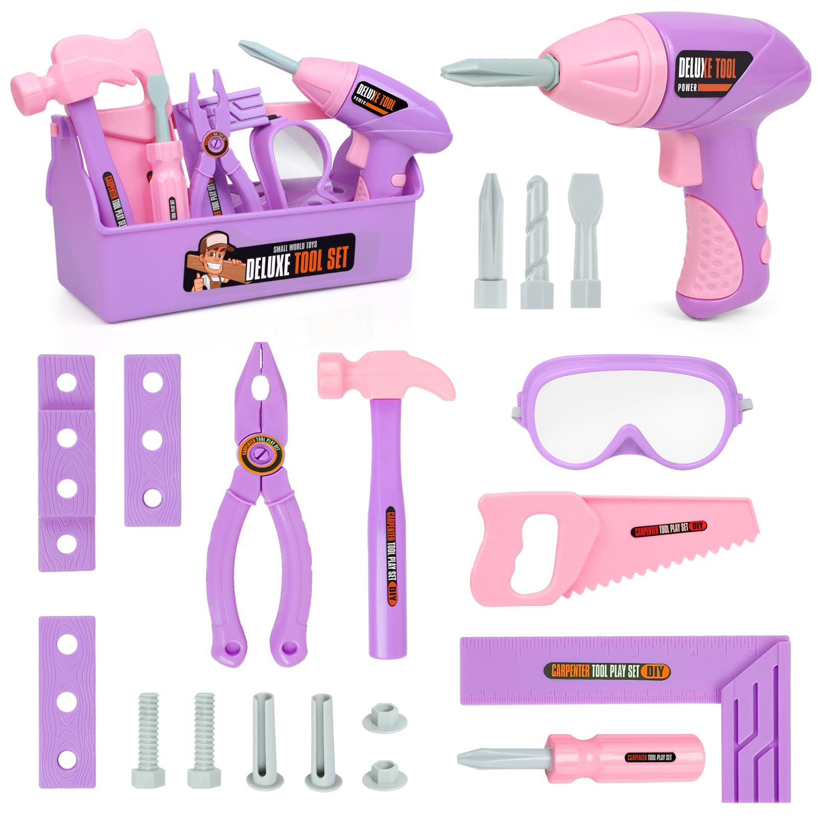 Kids Tool Set, Kids Construction Tool Set with Drill and Tool Box, Tool Set for Kids Age 3-5, Pretend Play Learning Tools Toys Gifts for Toddlers Boys Girls (Pink & Purple Color)