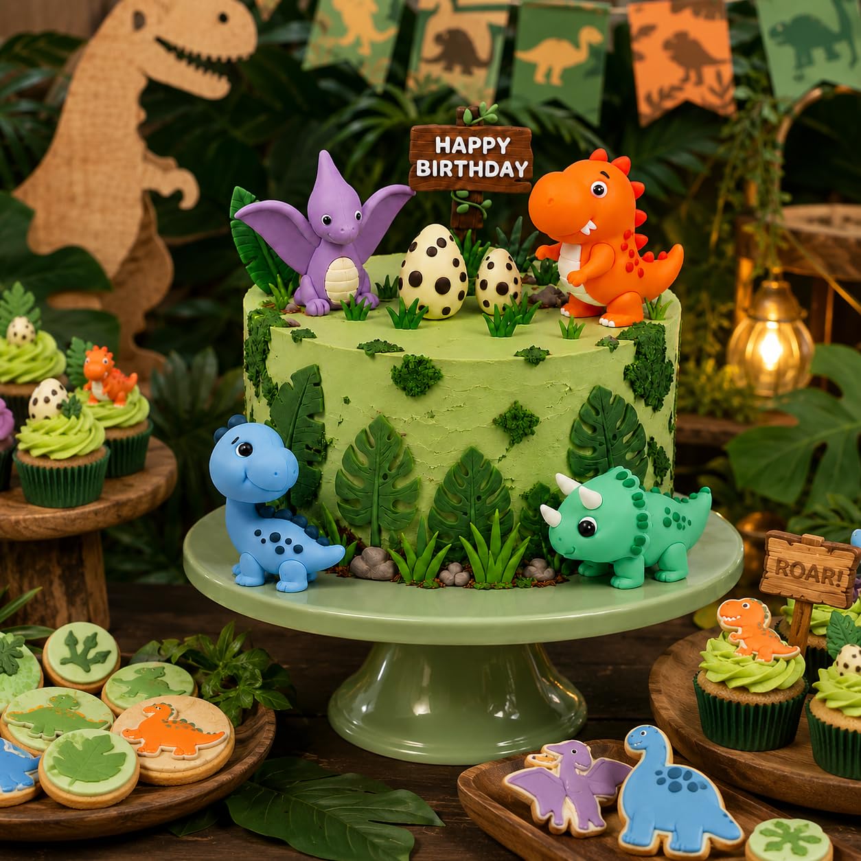 17-częściowa dekoracja tortu 3D z jajkami dinozaurów, liśćmi i tabliczką "Happy Birthday", na urodziny dziecka, imprezę tematyczną i baby shower, dekoracja tortu dla chłopców i dziewczynek