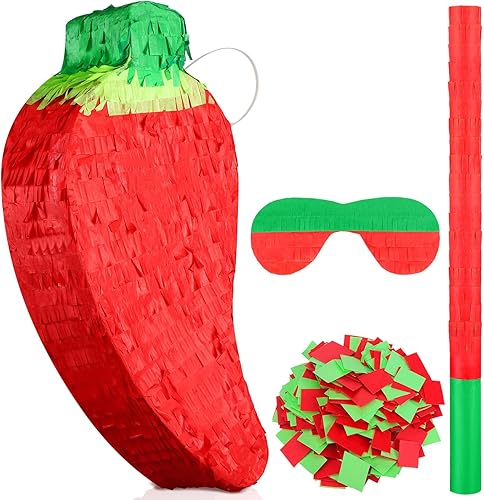Meooeck Piñata de chile rojo con palito de piñata y venda, piñata divertida para fiesta de festivales de pimiento picante, decoración de fiesta de
