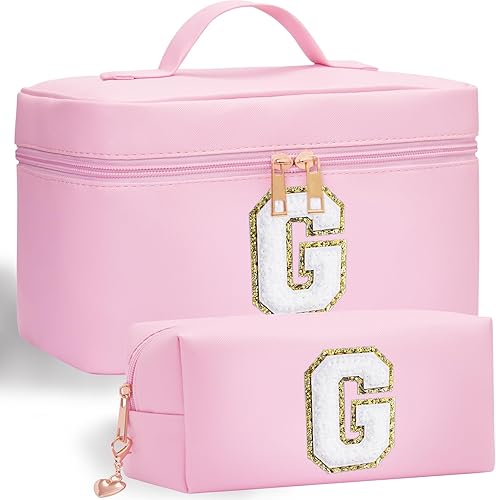 Miniatura 12 de Bolsa de maquillaje con inicial, 2 bolsas de maquillaje con iniciales para mujeres y niñas, bolsa de cosméticos personalizada con monograma