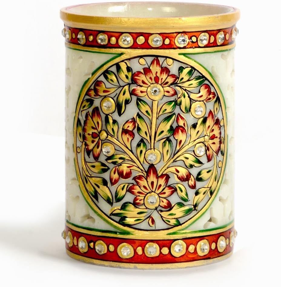 Little India Golden Meenakari Gem Studded Jali Marble Pen Stand 377