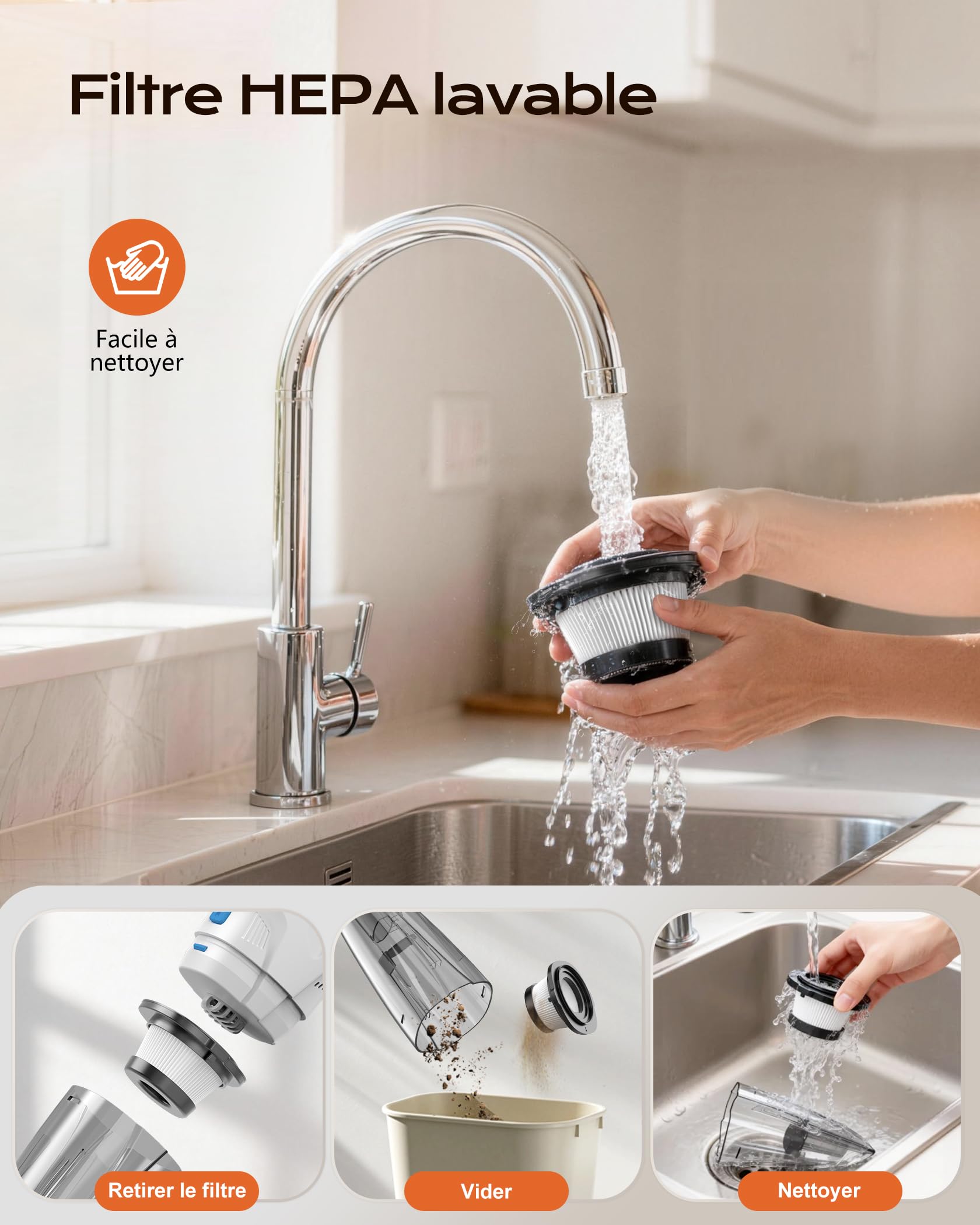 Topipop Aspirateur à Main sans Fil 25000Pa, Batterie 8000mAh & Filtre HEPA Lavable, Mini Aspirateur avec LED, 3 Embouts et Station de Charge pour Maison, Voiture, Poils d'animaux (Blanc)