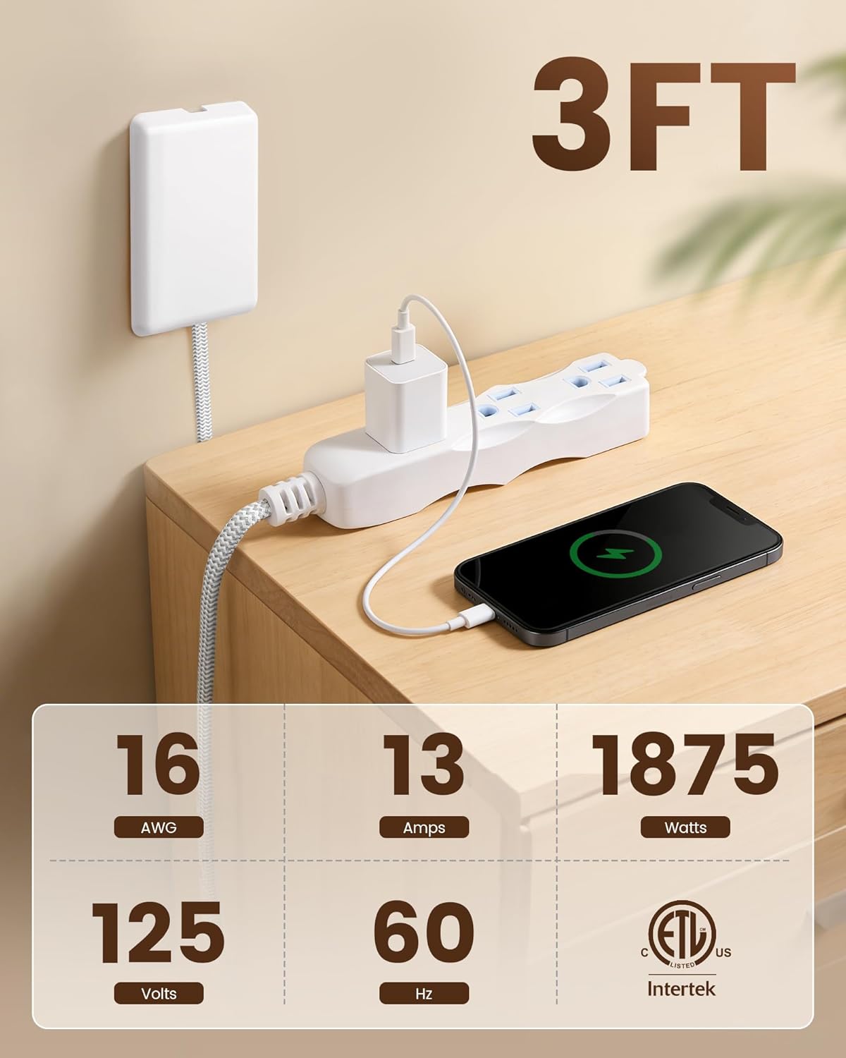 SURAIELEC 3FT Flat Extension Cord with Outlet Cover, 3 Outlets, Braided Flat Plug, 16 AWG Indoor Extension Cord for Compact Spaces, Home Office, ETL Listed