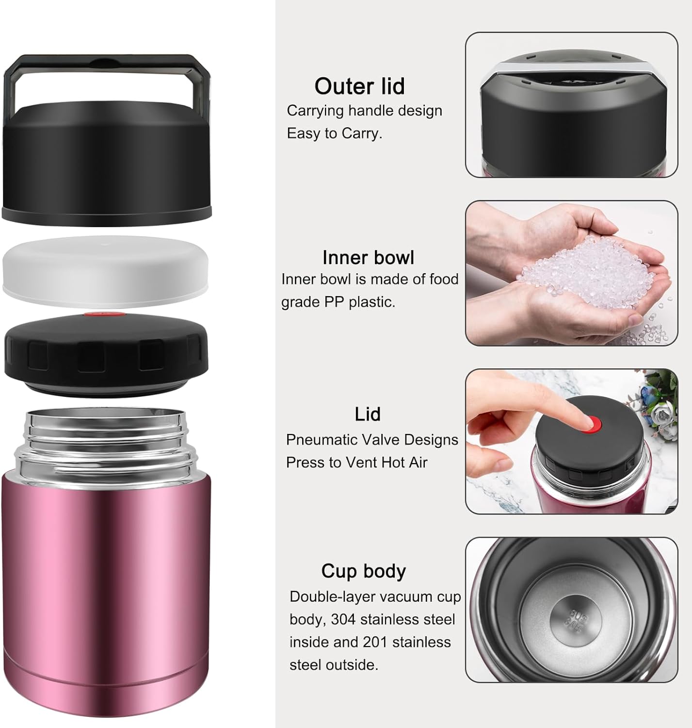 35oz Soup Thermos, Stainless Steel Thermos for Hot Food, Wide Mouth Food Thermos Jar, Insulated Lunch Container Leak Proof Vacuum Thermal Flask(rosered) - Image 5