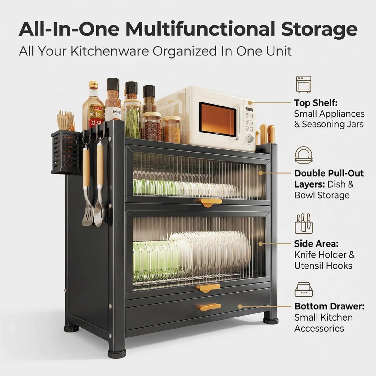 Escurridor de Platos con Puertas, Organizador de Cocina con Cajón | Acero al Carbono, Diseño a Prueba de Polvo, Organizador de Encimera, Gran Capacidad(Wit,57cm/22.4in)