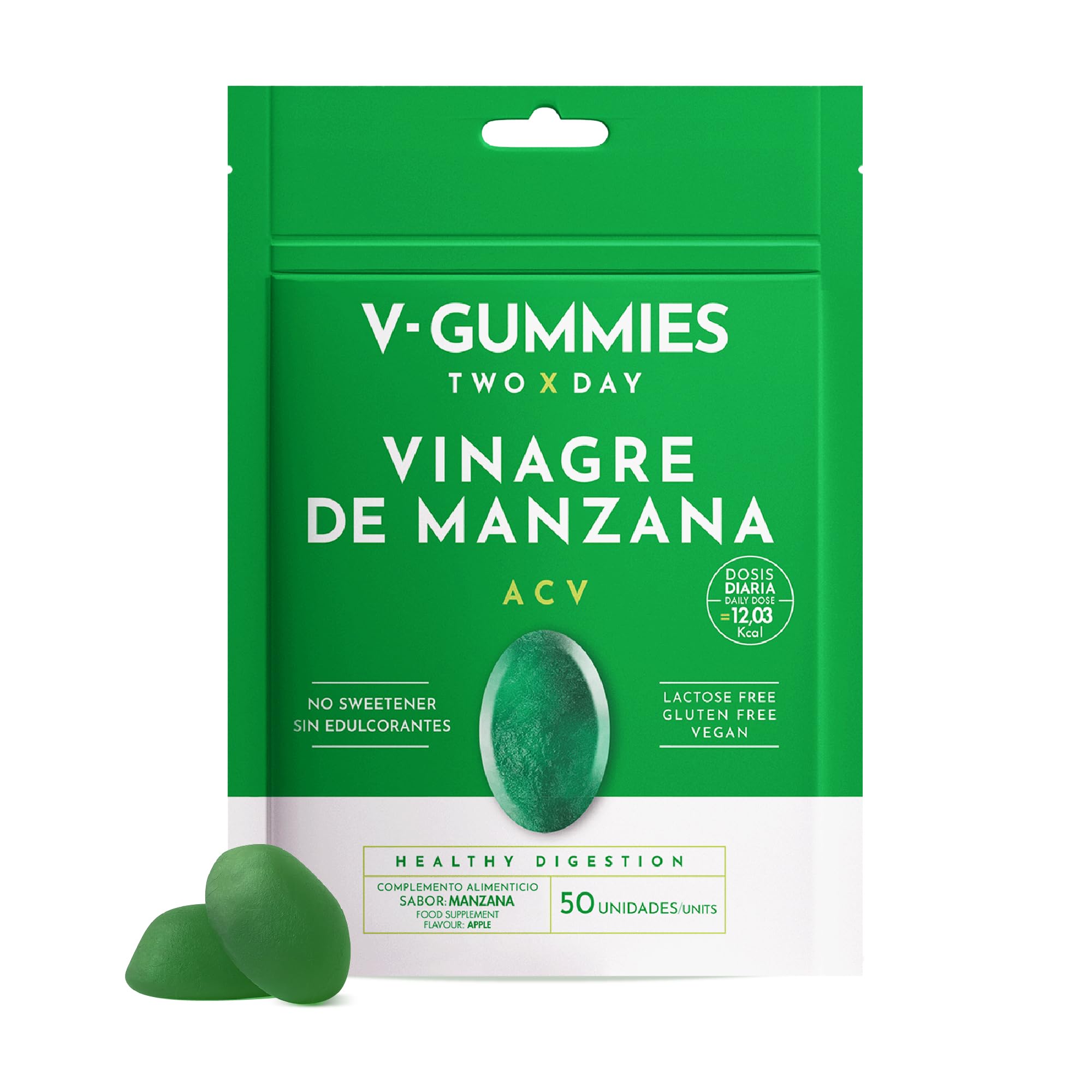 V Gummies - Gominolas de Vinagre de Manzana para Salud Digestiva - Apple Cider Vinegar Gummies - Sabor Natural a Manzana con Vitamina C y Pectina - 50 Unidades