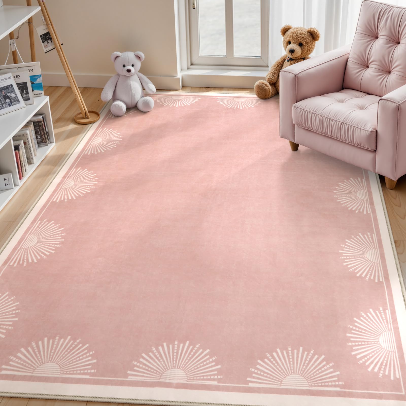 Hedlive Modern 5x7 Pink Area Rugs for Bedroom Girls, Ultra Thin Washable Nursery Rug for Kids Room, Soft Sun Print Living Room Rug,Boho Non Shedding