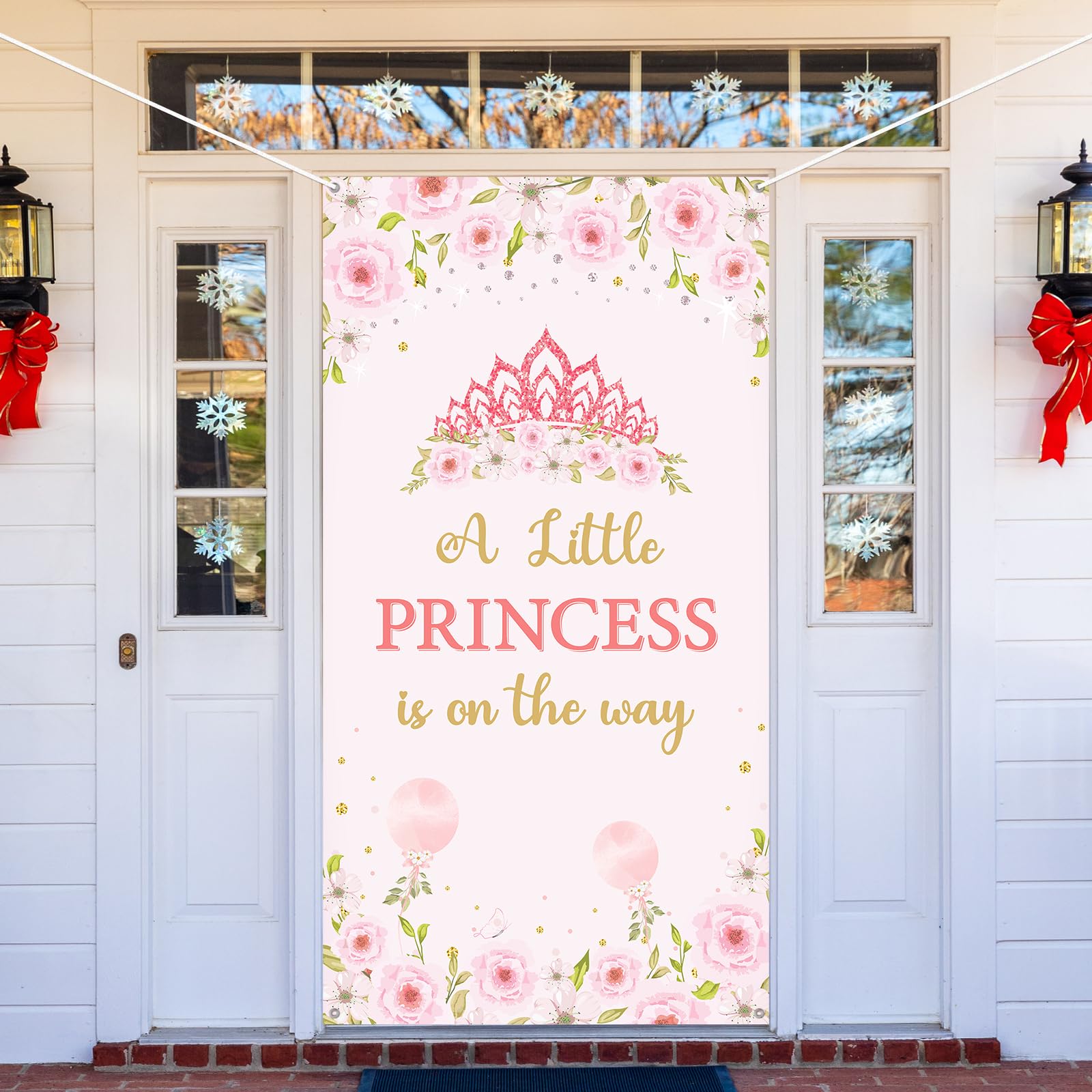 Decoración de pancarta de puerta de baby shower con texto en inglés "A Little Princess is on the Way", decoración de fiesta de revelación de género, fondo de fotografía de baby shower, rosa