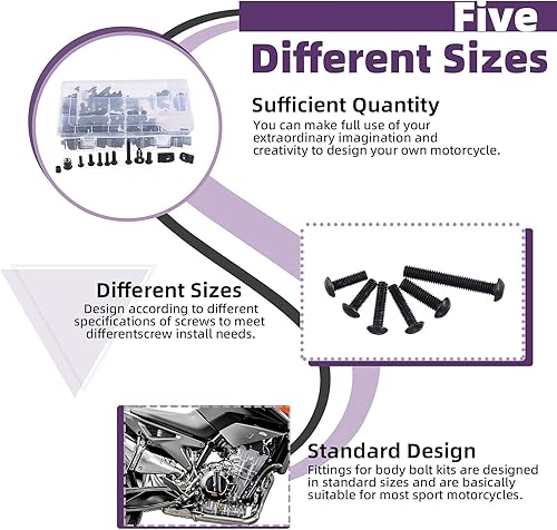 Miniatura 3 de Swpeet Kit surtido de pernos de carenado universal de acero al carbono M5 M6, 195 unidades, 2 tamaños, tornillos para parabrisas de motocicleta,
