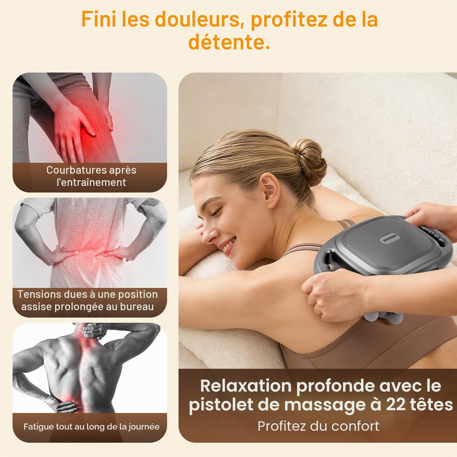 Pistolet de massage à 22 têtes, pistolet de massage musculaire rechargeable avec 9 modes et 9 niveaux, écran LCD, thérapie par lumière rouge