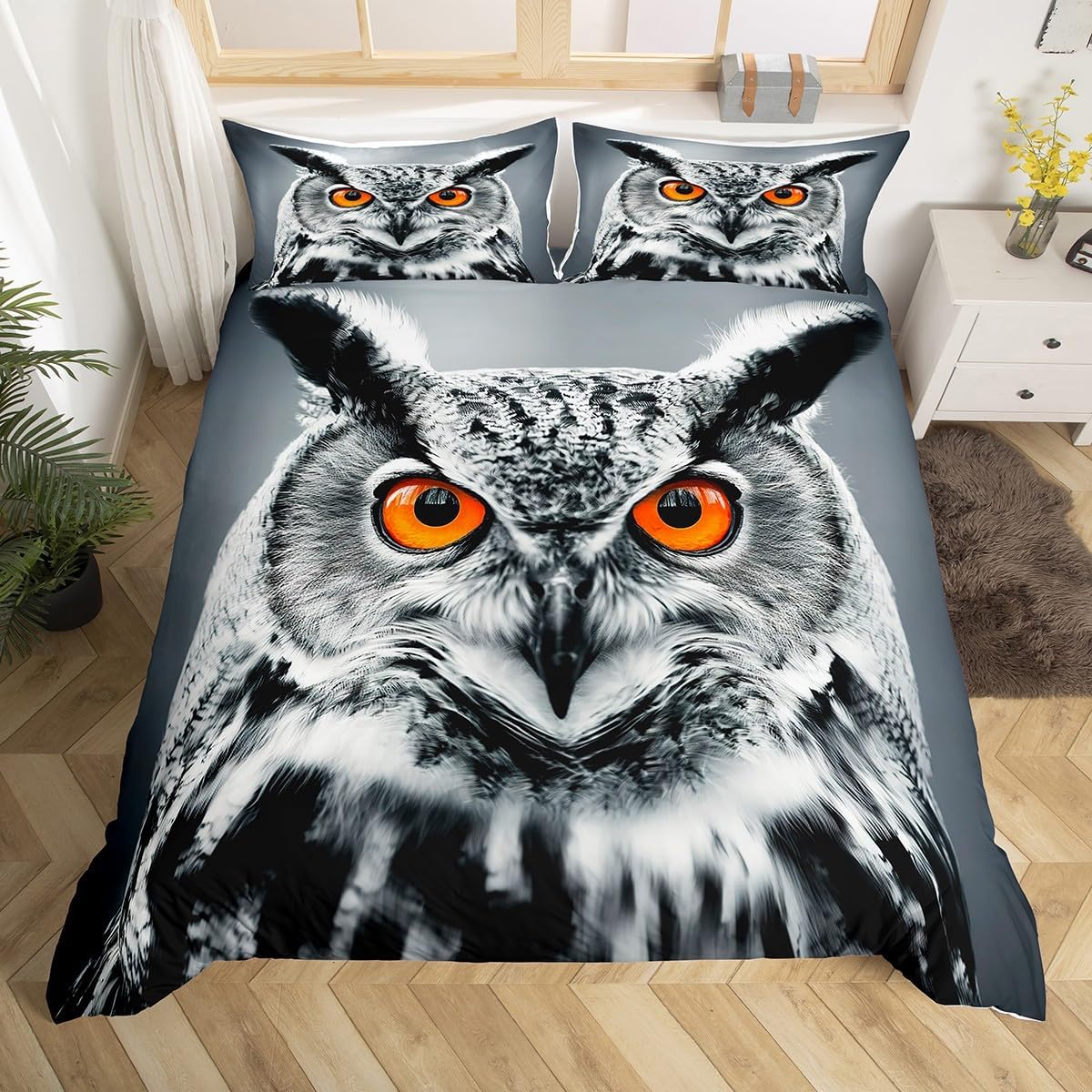 Erosebridal Grey Owl Bedding Set, Ferocious Owl Comforter Cover, Animal Quilt Cover, Wildlife Animal Print Duvet Cover with Zipper Closure for Kid Boy Youth Men 3 Pcs King Size