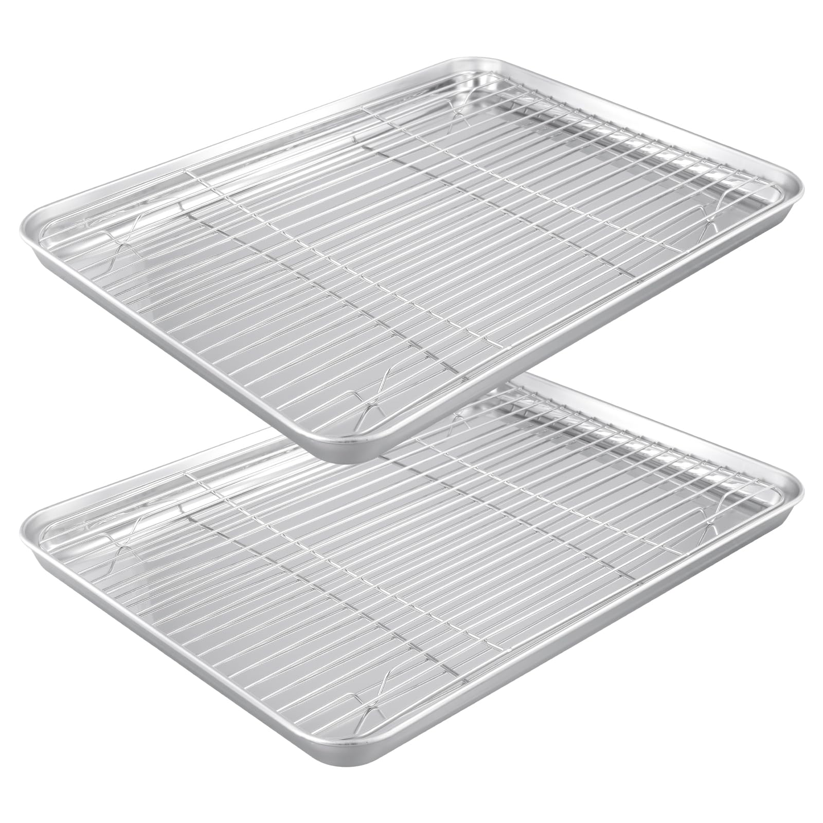 MAKTSAM Stainless Steel Baking Tray with Cooling Rack Set of 4 (2 Trays+2 Racks) - 40x30cm Oven Cookie Sheet Pan, Mirror Finish Dishwasher Safe for Roasting Cooking