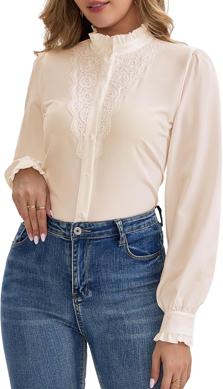 Women's Lace Crochet Mock Neck Long Sleeve Button Down Elegant Blouse Shirt Fall Top