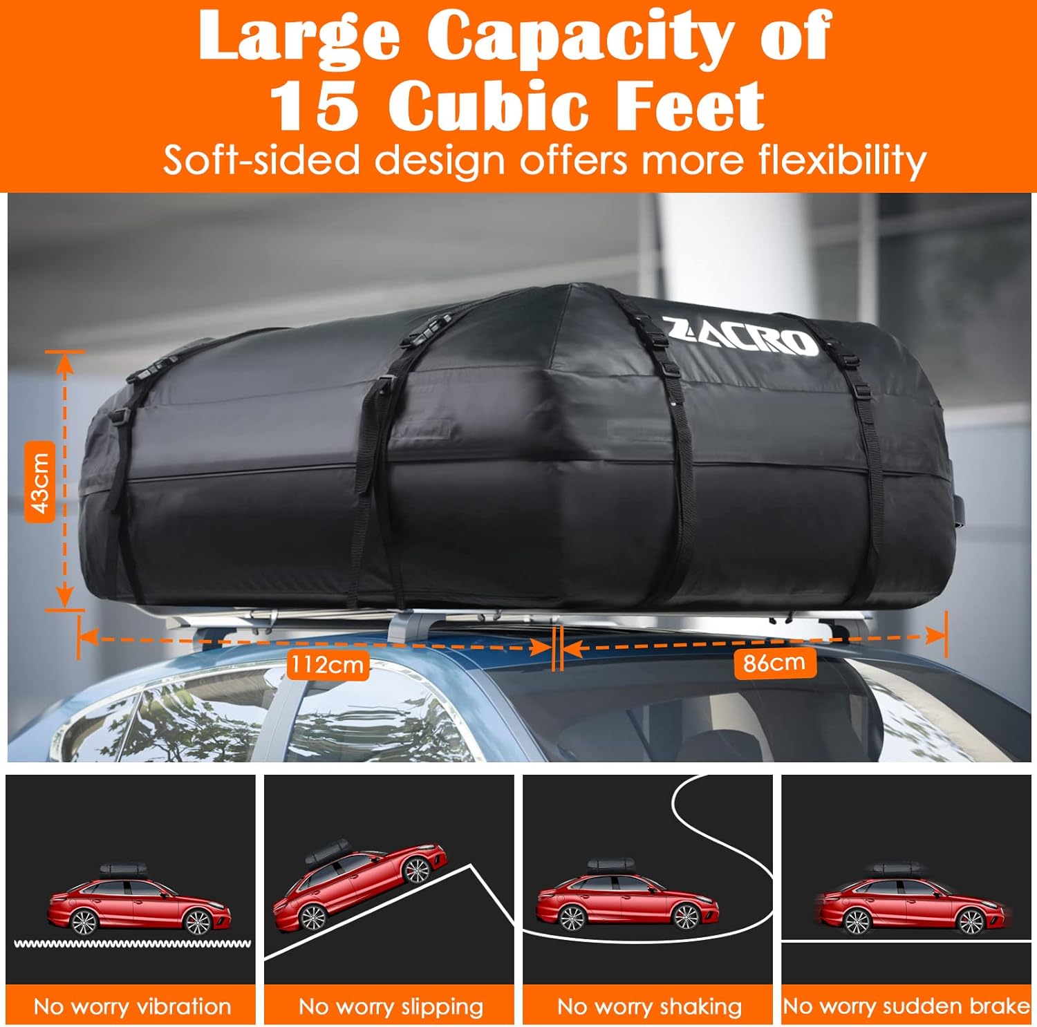 Zacro Car Roof Bag 425 Litres 15 Cubic Feet Cargo Bag, Foldable and