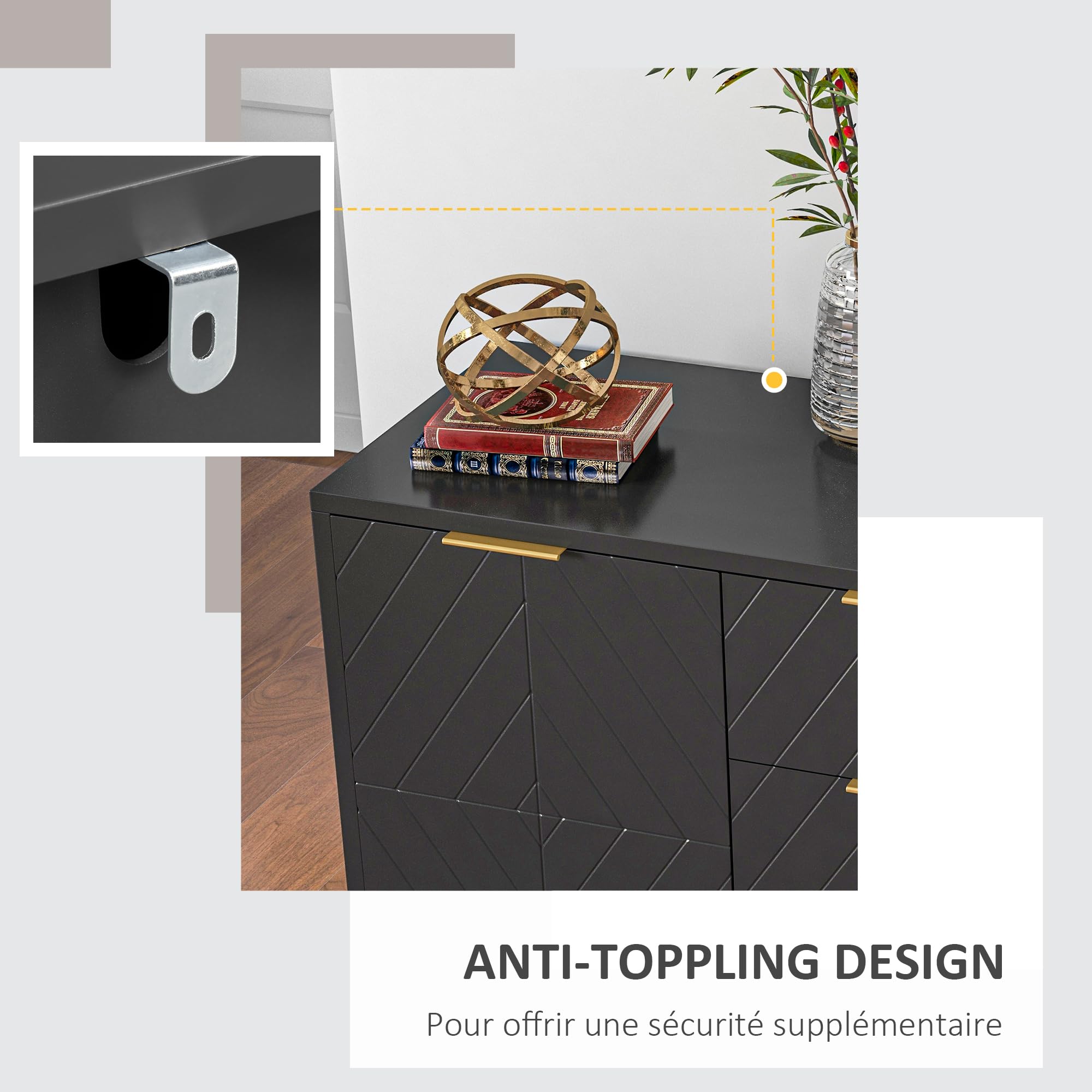 HOMCOM Credenza dal design grafico contemporaneo 2 armadi con ripiani regolabili 3 cassetti scorrevoli in legno nero e metallo dorato