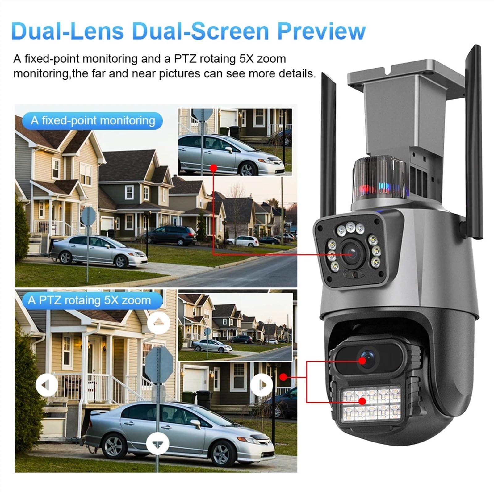 Caméra de sécurité, Caméra PTZ 8MP avec Double écran Couleur Vision Nocturne caméra IP de sécurité extérieure 4MP Surveillance CCTV(4MP NO Card)