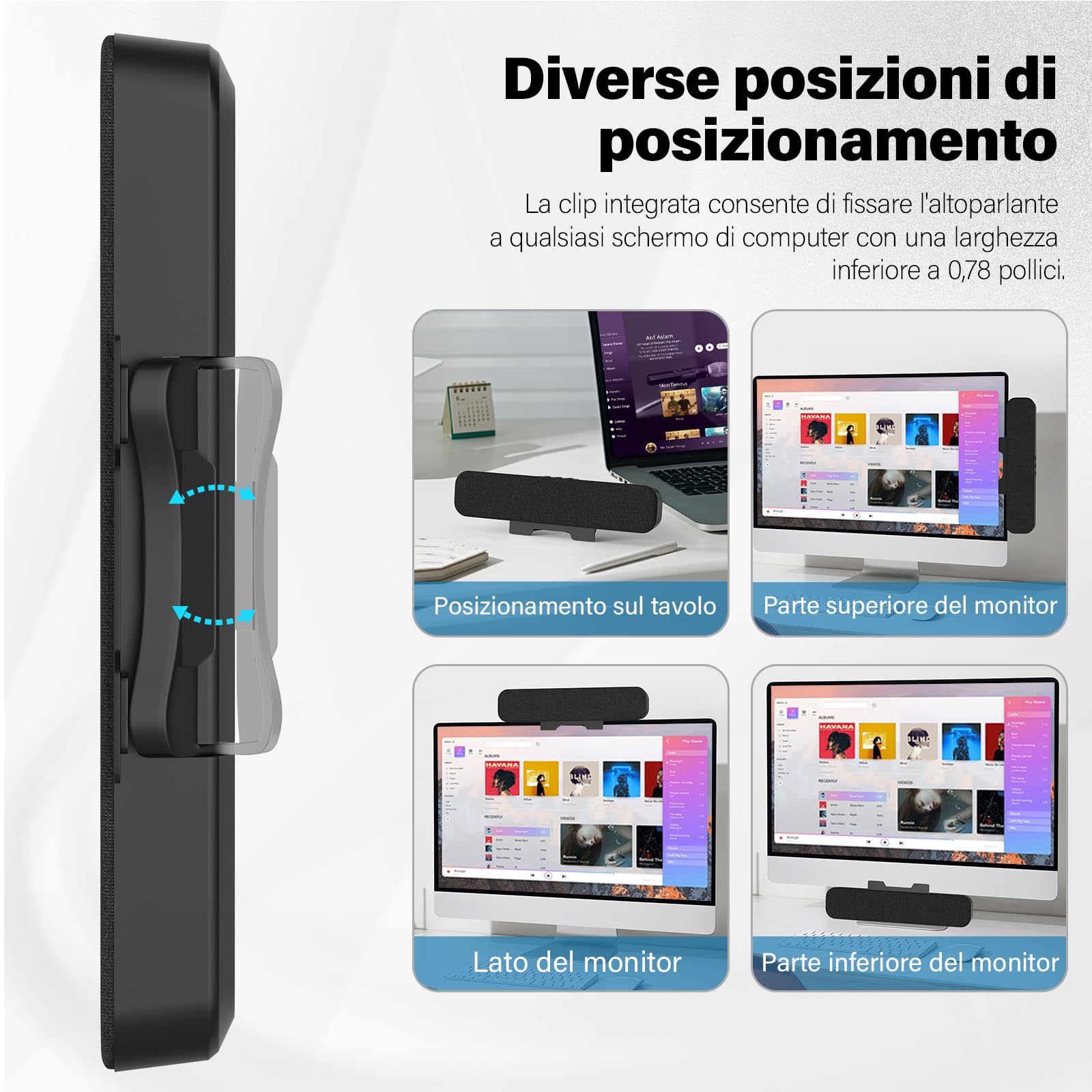 Altoparlanti PC, Casse PC Usb per Desktop, Laptop, Altoparlante Speakers Soundbar Portatile con Design a Clip per Monitor, Plug and Play