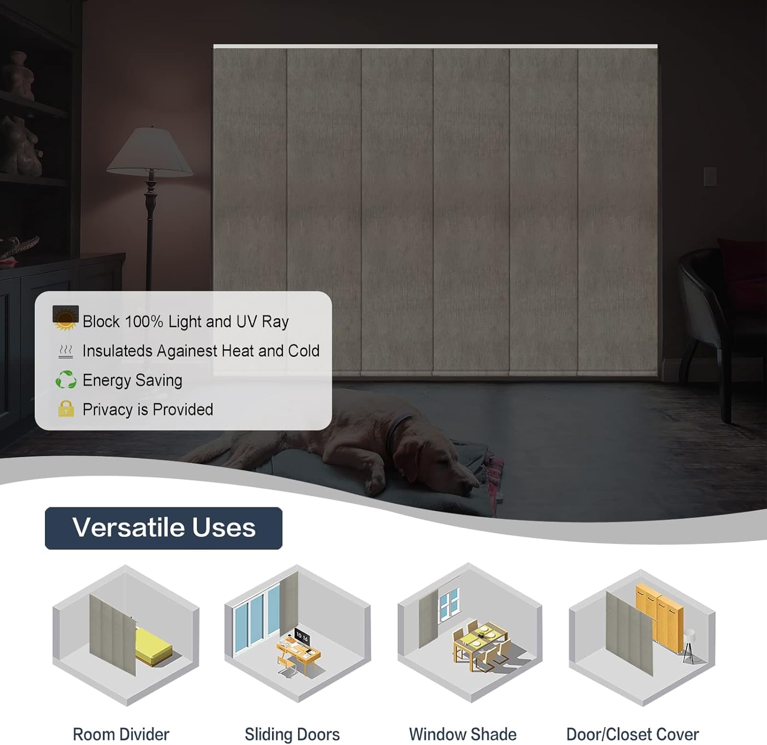 Blackout Cordless Sliding Panel Track Blind, 4-Rail or 6-Rail Track Vertical Blinds for Sliding Window and Patio Door, Woven Fabric Curtain, Dark Brown