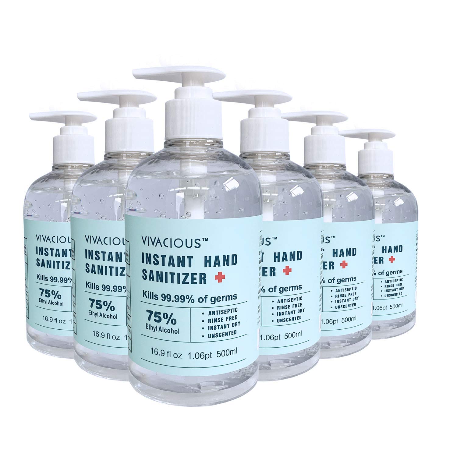 VIVACIOUS 500 ml / 16.9 oz Instant Hand Sanitizer with 75% Ethyl Alcohol (Pack of 6)