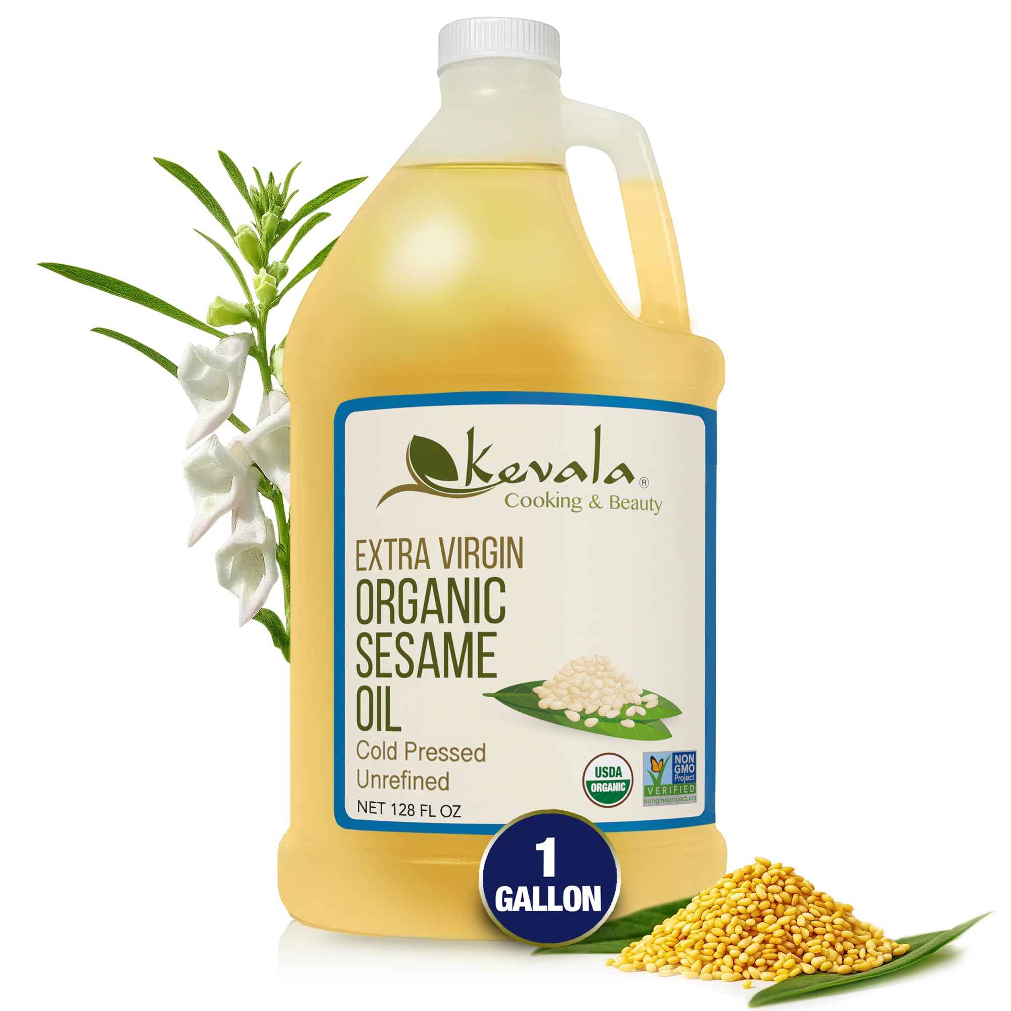 Kevala Organic Extra Virgin Sesame Oil – Cold Pressed, Unrefined & Non-GMO Cooking Oil for Salad, Frying, Baking, and Skin or Hair Use – Gluten Free & Kosher Certified | 128 Oz