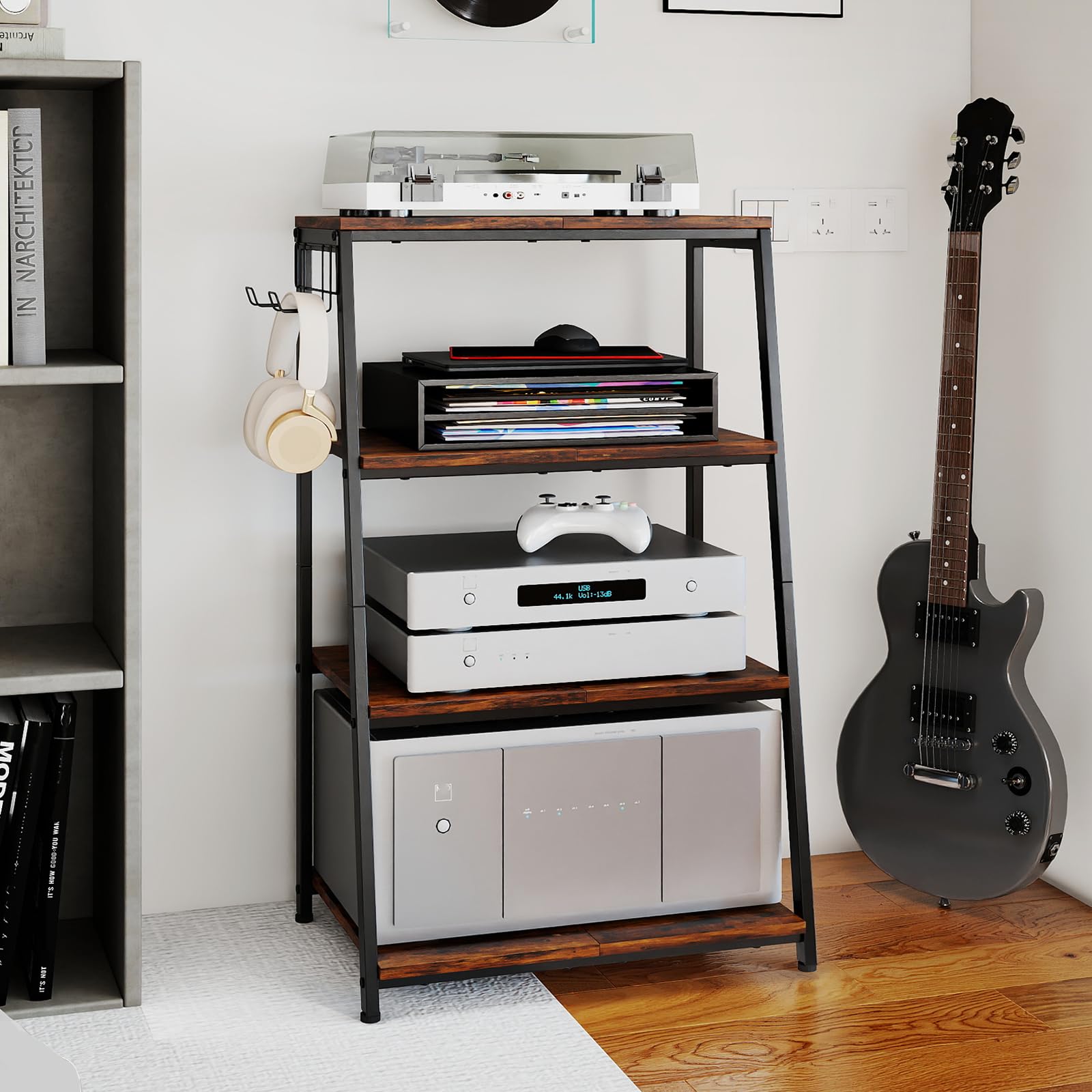 bimiti Meuble HiFi Bois à 4 Etagères Support pour Platine Vinyle avec Crochet pour Casque Audio,Platine Vinyle,Tourne Disque,TV Stéréo,Lecteur DVD Étagère Multimédia en Bois pour la Maison, Bureau