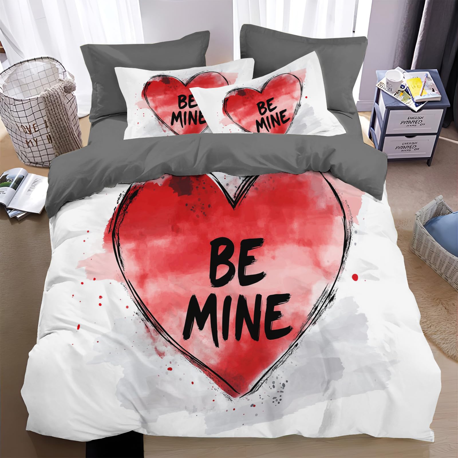 WunM Studio LoveBed Reversable Quilt Duvet Cover Set,Easy Care Soft Smooth with Pillow Cases Single,Reversible Quilt Bedding Set,Red graffiti styleMicrofiber Bed Covers