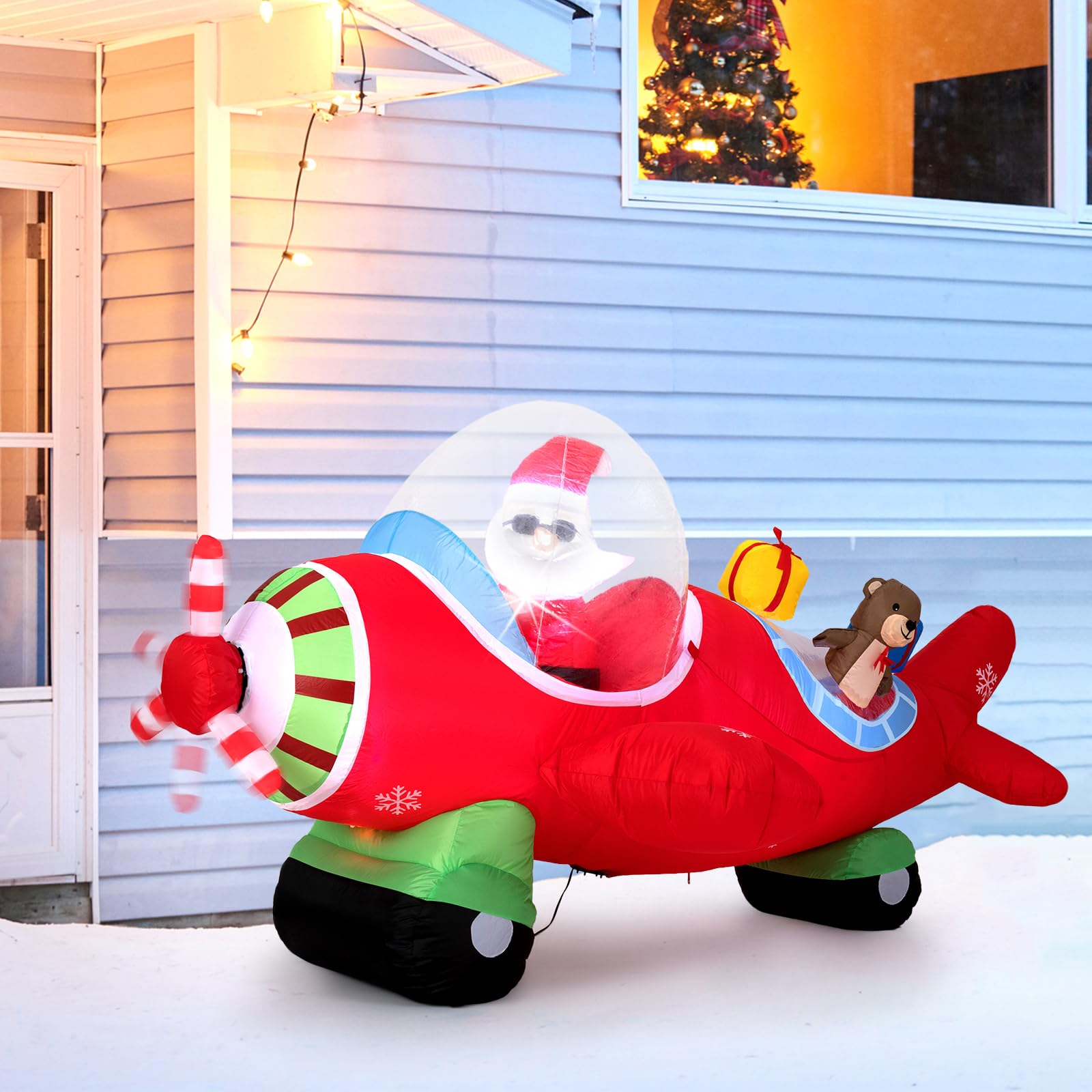 COSTWAY Babbo Natale Gonfiabile su Aereo 120 cm, Decorazione Natalizia da Esterno con Orsetto, Scatole Regalo e Luci LED, Decorazione Gonfiabile Invernale per Festa, per Giardino, Cortile e Casa