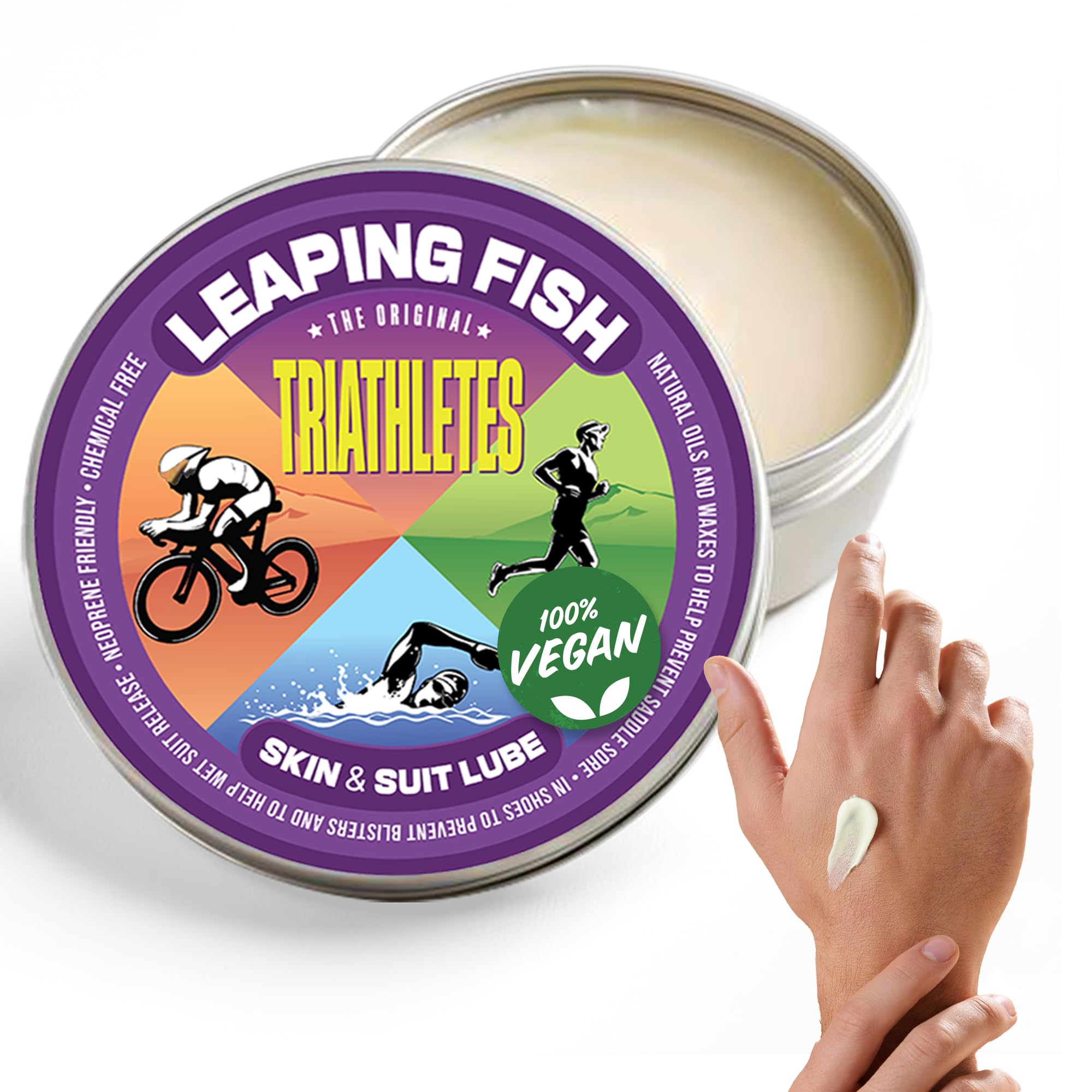 Leaping Fish Triathletes Skin & Suit Lube - Prevents Chafing Throughout Your Triathlon - 60g Tin. Made in The UK.