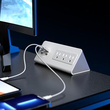 Power charge station edge clamp mount with USB-C portsTabletop Surge Protector Desk Clamp Power Sockets with 3 AC Outlets and 4 Fast Charging USB Ports for Home Office Hotel and Dormitory (White-2pcs)