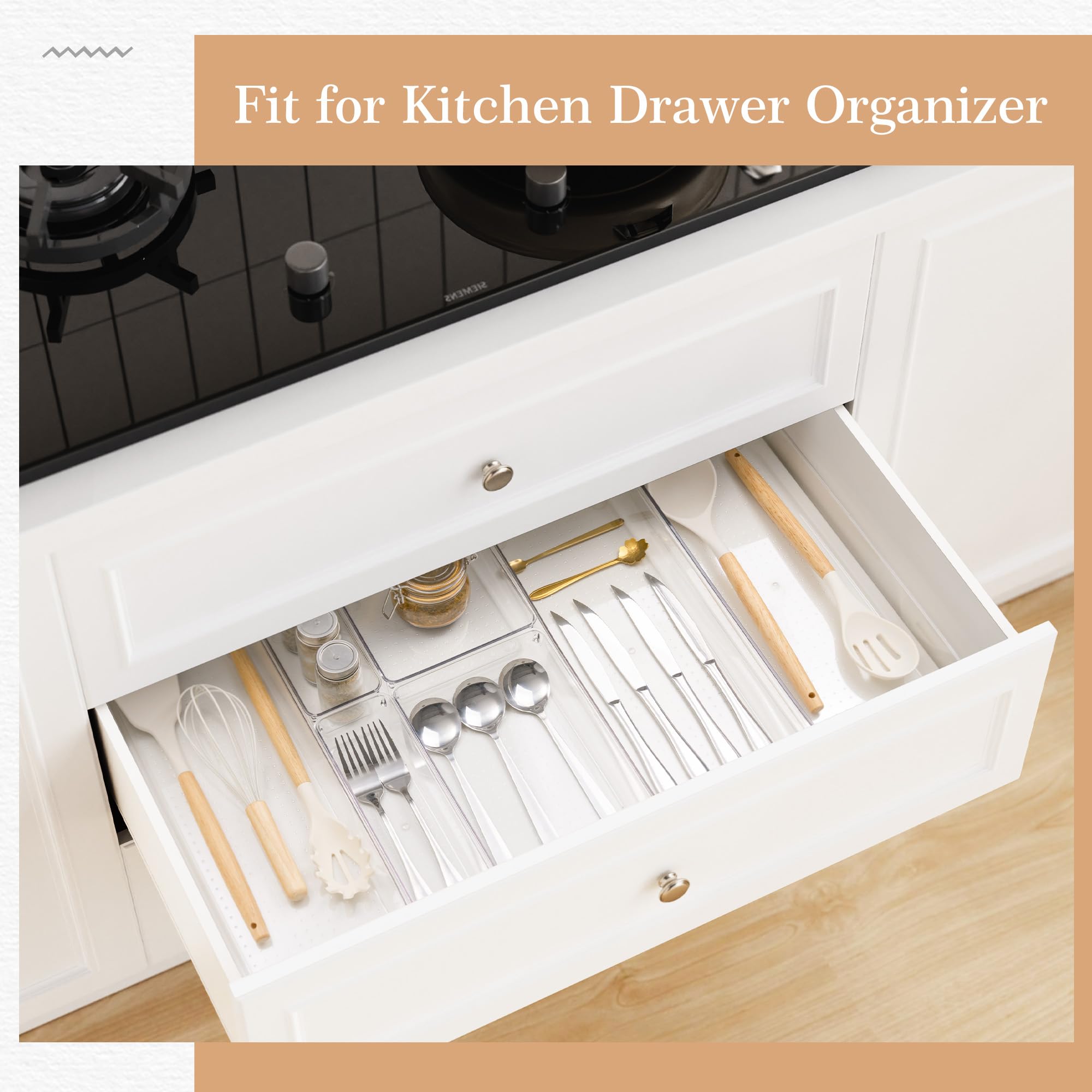 Criusia Organizer per cassetti, 5 dimensioni, versatili, per bagno e toeletta, confezione da 20 organizer per cassetti da cucina, in plastica trasparente, contenitori per trucchi, bagno, gioielli e