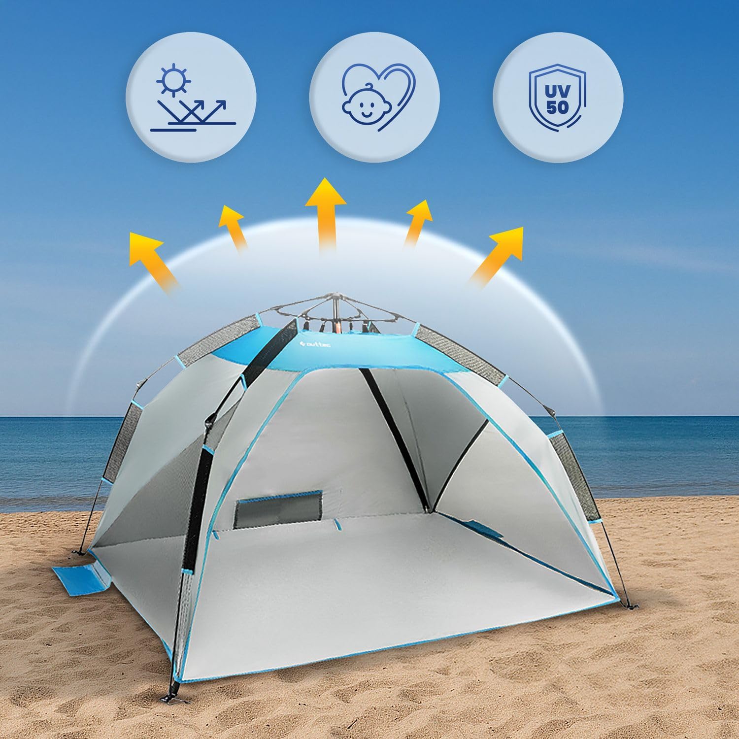 Aéré Tente de Plage, Tente de Plage avec Sac de Transport, avec Poches de Sable, pour Famille Plage, Camping, Jardin, Protection Solaire (Bleu-Gris)