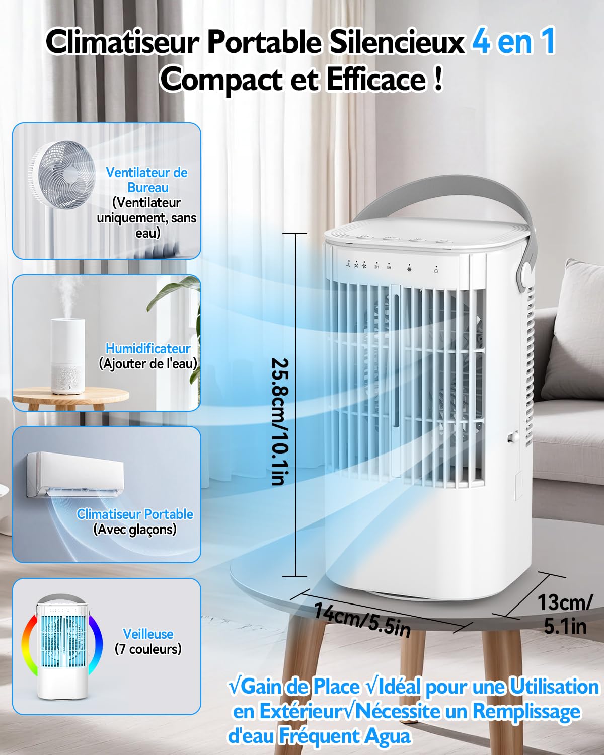 Climatiseur Portable, 4-En-1 Refroidisseur par éVaporation avec 3 Vitesses & 2 Modes Brumisation, 900 Ml Mini Climatiseur, Ventilateur USB avec LumièRe Rgb & 2/4h Minuterie pour Chambre Bureau Camping