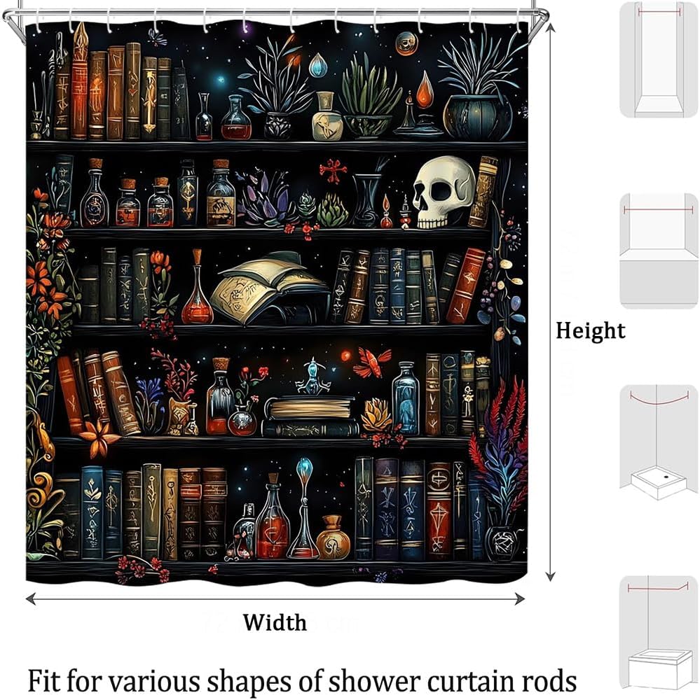 Gothic Bookshelf Shower Curtain Vintage Medieval Bookcase Skull Floral Plant Spooky Dark Academia Polyester Curtains Bathroom Decor with Hooks 108" Wx70 H
