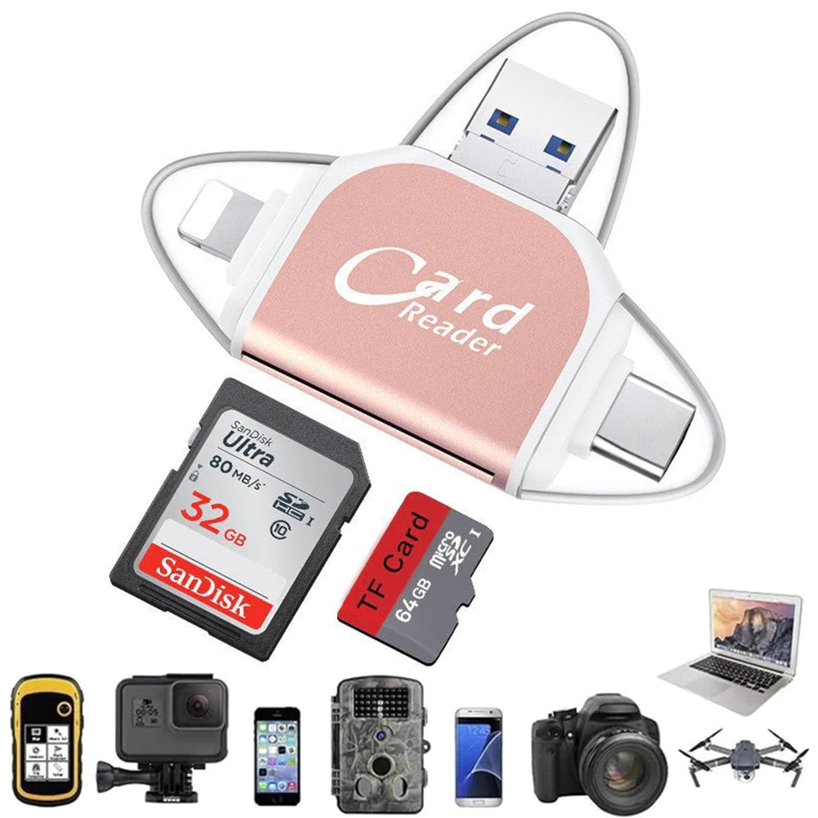 Multi-Port 4 in1 Universal SD TF Card Reader for iPhone, Card Reader for Camera Memory Card (Rose Gold)