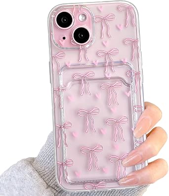 NITITOP Compatible with iPhone 13 Case Clear with Card Holder Cute Bowknot Pattern Bow Ribbon Little Love Hearts for Women Girls Soft TPU Wallet Case Protective Cover - Pink