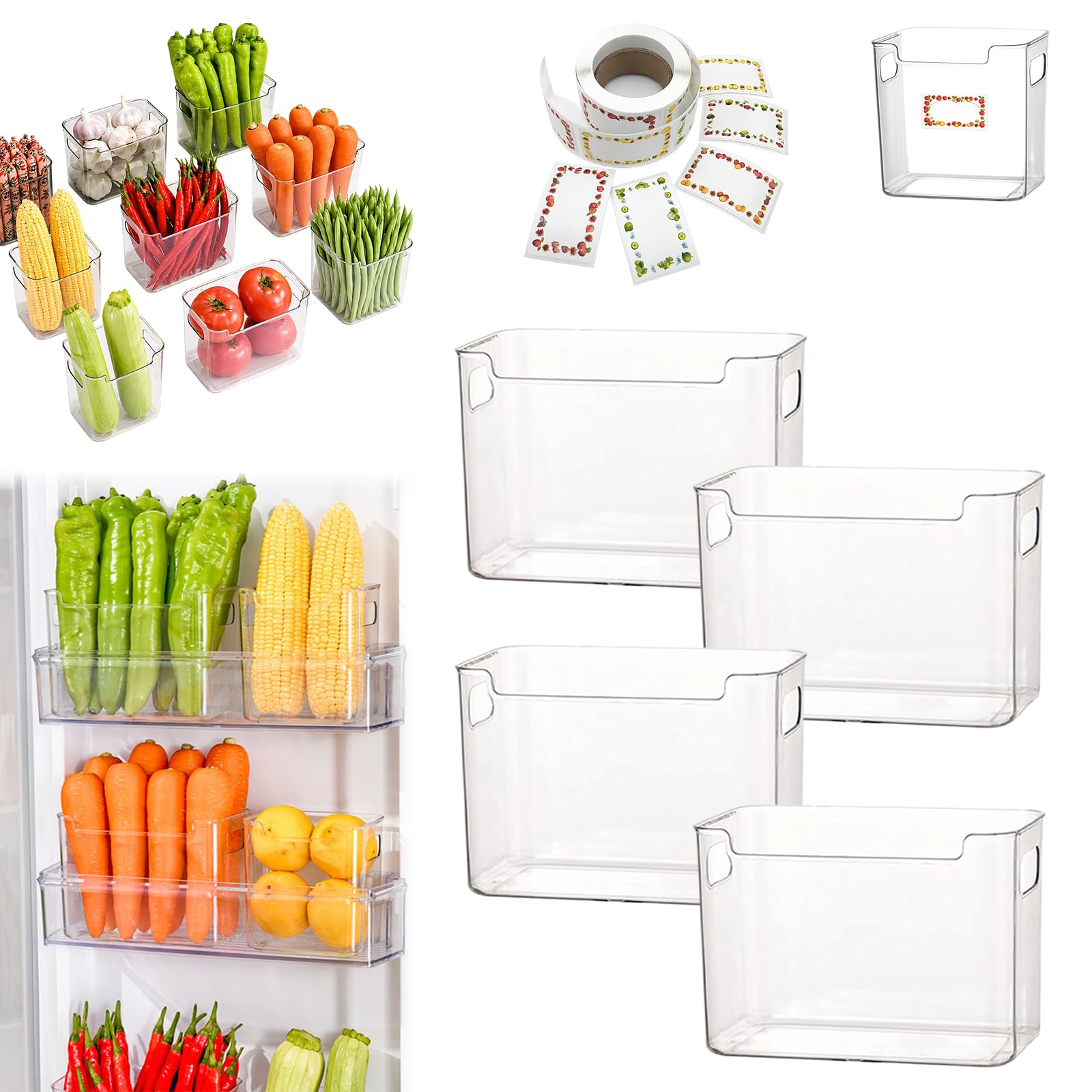 Crystal Clear Freezer Storage Bins, Stackable Plastic Fridge Storage Containers with Handles, Refrigerator & Kitchen Pantry Organizer for Snack Organization for Refrigerator, Cabinet (Clear,4 *L)