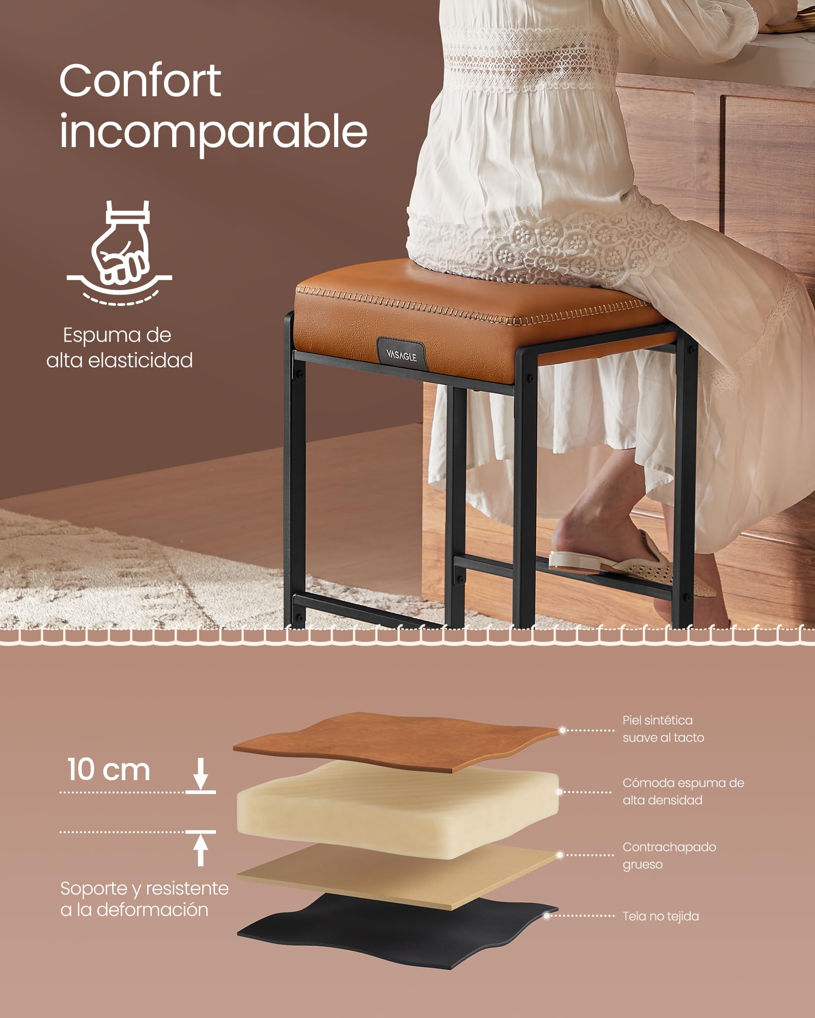 VASAGLE EKHO Colección - Juego de 2 Taburetes de Bar, Taburetes de Cocina, Cuero Sintético con Costuras, Moderno Siglo Medio, 66 cm de Alto, Bar Casa, Comedor, Fácil montaje, Marrón Caramelo LBC086K01