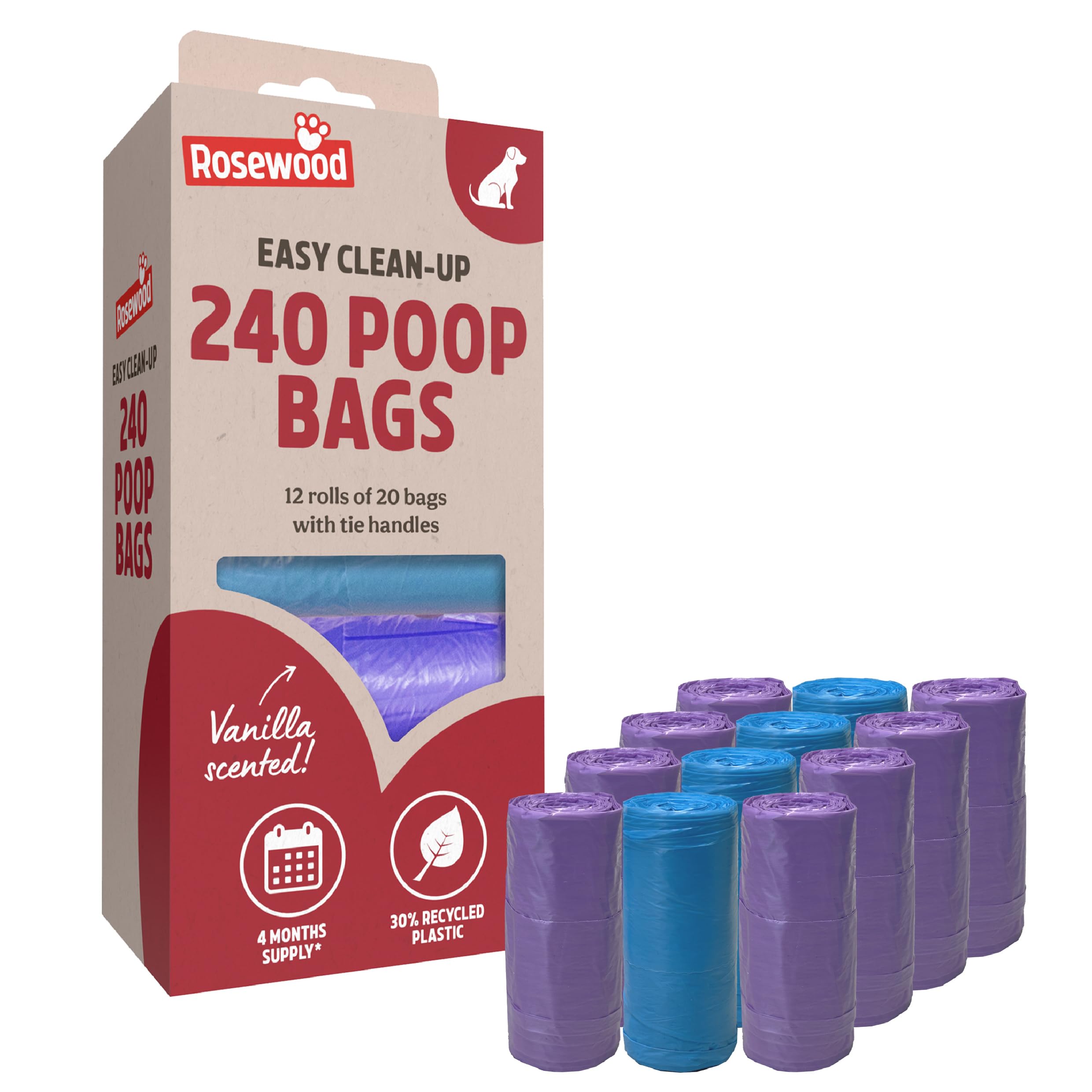 Rosewood Dog Poo Bags with Handles - 240 Easy Clean-Up Poop Bags, 12 Refill Rolls of Dog Waste Bags with Tie Handles, Vanilla Scented, Made with Recycled Plastic