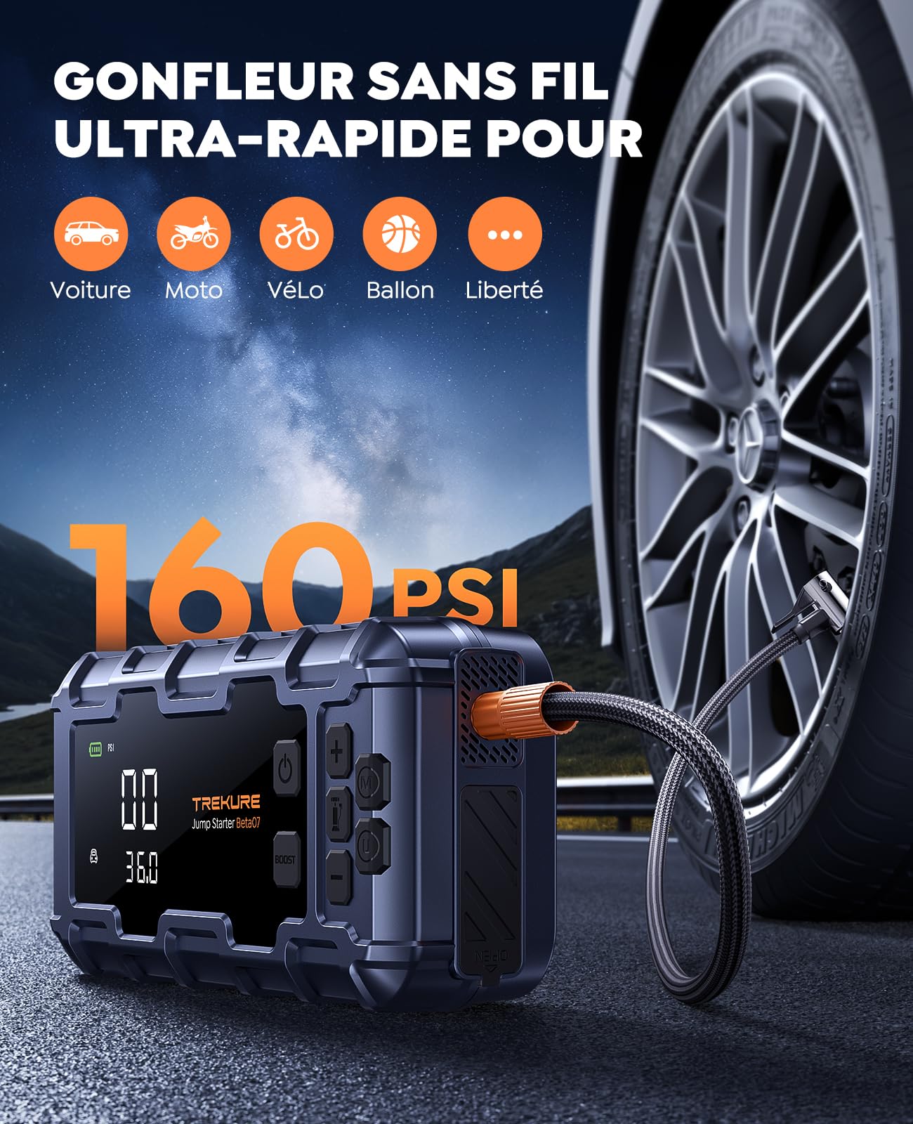 TREKURE 10-in-1 7000A Booster Batterie Voiture avec Gonfleur 160PSI, 26800mAh Démarreur Batterie avec 45W Charge Rapide, 600LM LED, Grand Écran, 12V Booster Voiture Puissant(Tous Gaz ou 12L Diesel)