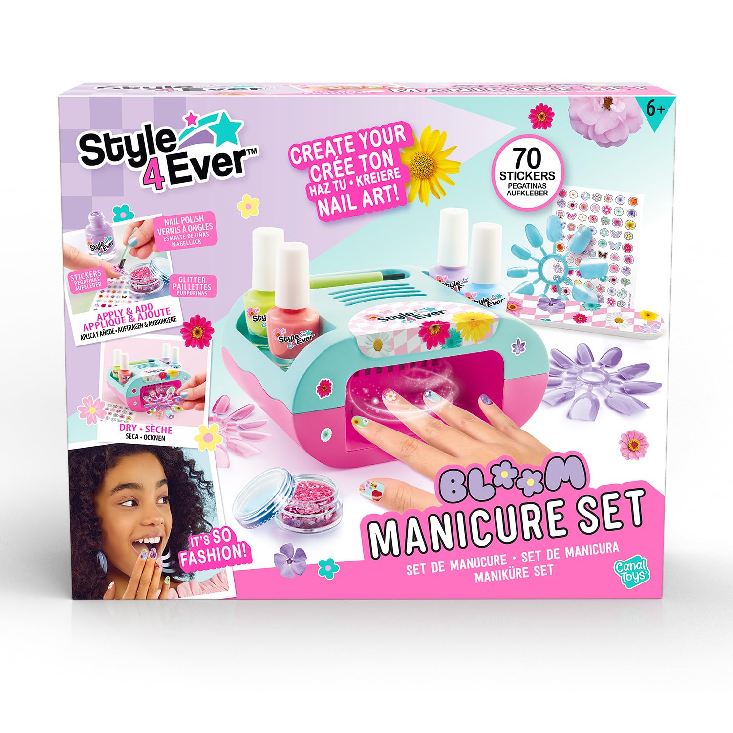 Canal Toys Style 4 Ever – Set de Manucure Bloom – 4 Vernis, Séchoir à Ongles, Faux Ongles, Paillettes et Stickers – Kit Créatif Nail Art Enfant 8+ Ans- Idée Cadeau Beauté – OFG364