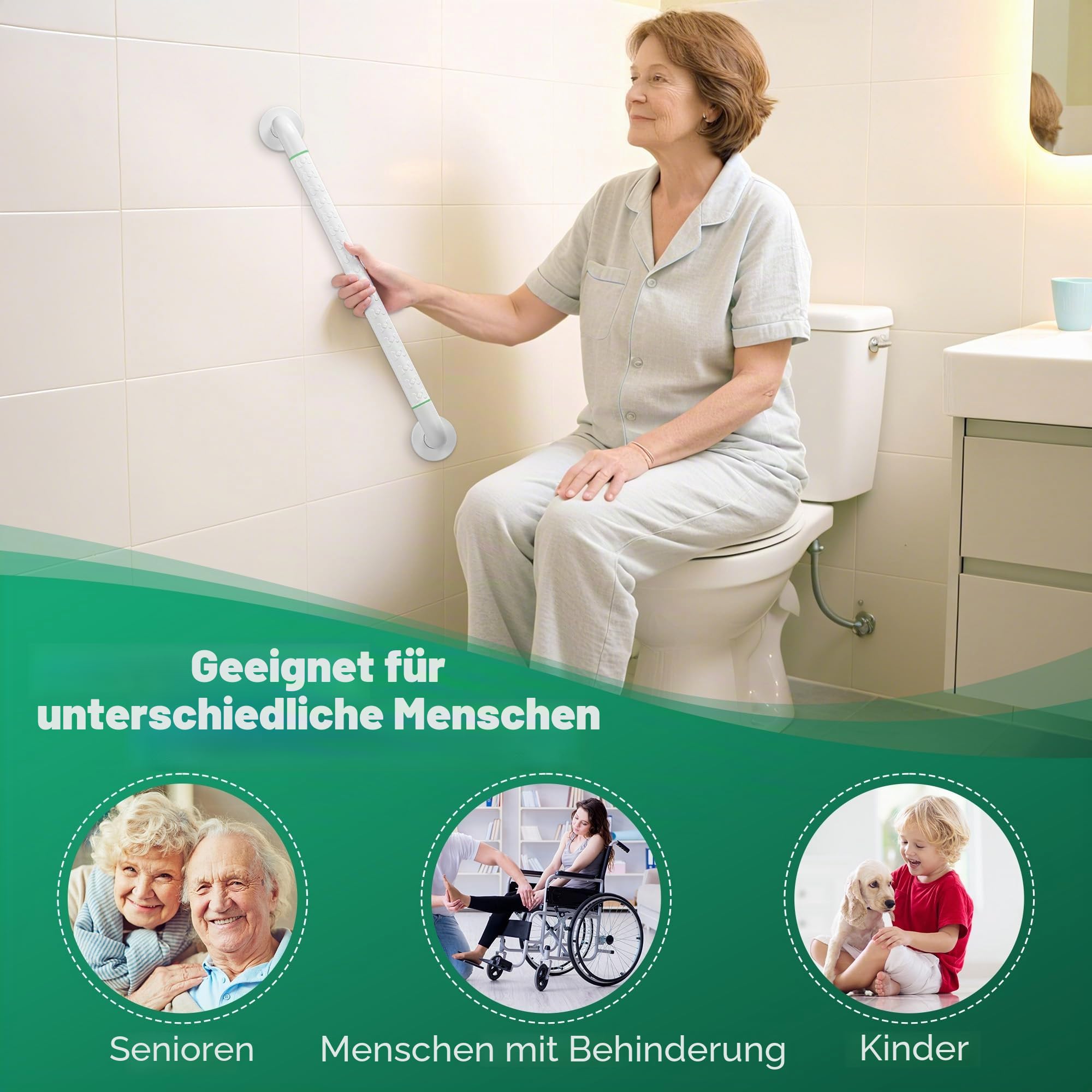 Fanwer 2er Pack Anti-Slip Badezimmer Griffschiene, Weißer Edelstahl-Duschhandlauf, Sicherheitsgriffschutz für Senioren, Kinder und Menschen mit Behinderungen (24 Zoll)
