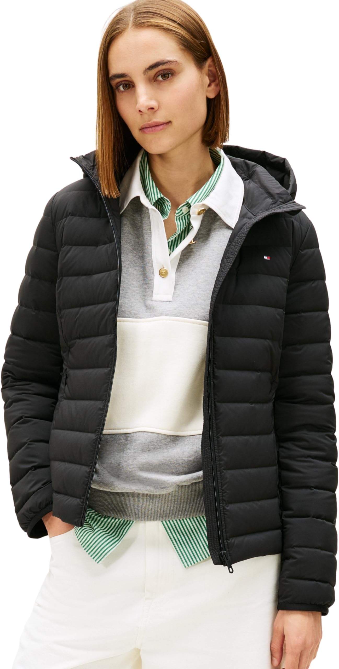 Tommy Hilfiger Women's STRETCH NYLON LW DOWN JACKET WW0WW47753 Puffer Jacket, BLACK (Black), XS