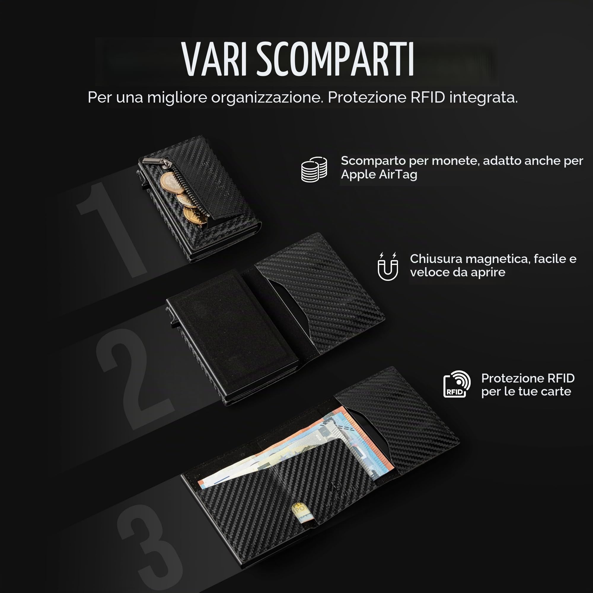 CARD Nine! Portafoglio Uomo Slim - Porta Carte Magnetico - Alta Qualità - Protezione RFID - Per 8 Carte Di Credito - Chiusura Magnetica - Portatessere (Carbon, Con Portamonete)