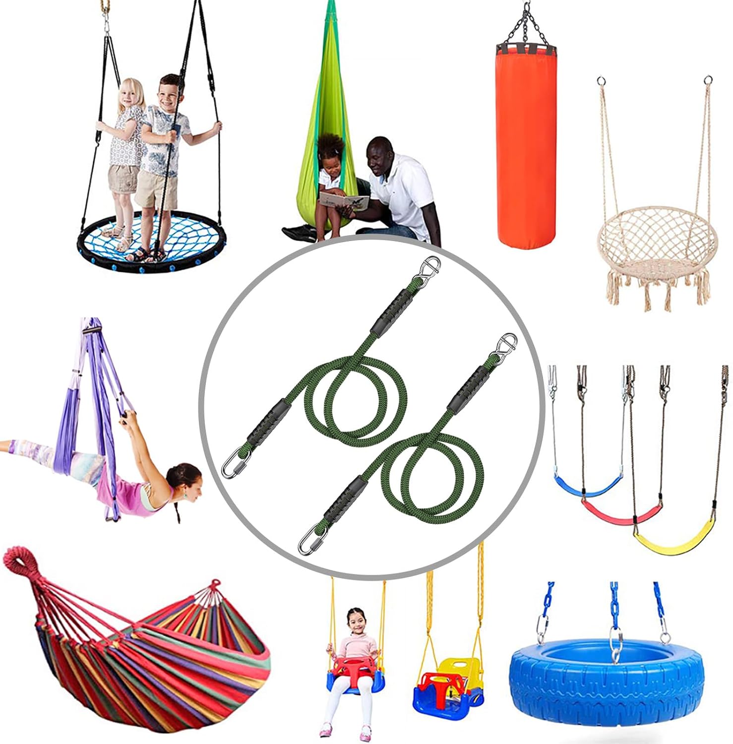 SELEWARE 8ft Adjustable Tree Swing Rope Hammock Straps Hanging Kit - Fast & Easy Install for Hammock Chair, Tire Swing - Indoor/Outdoor Playground Accessories - Green, 2 Pack