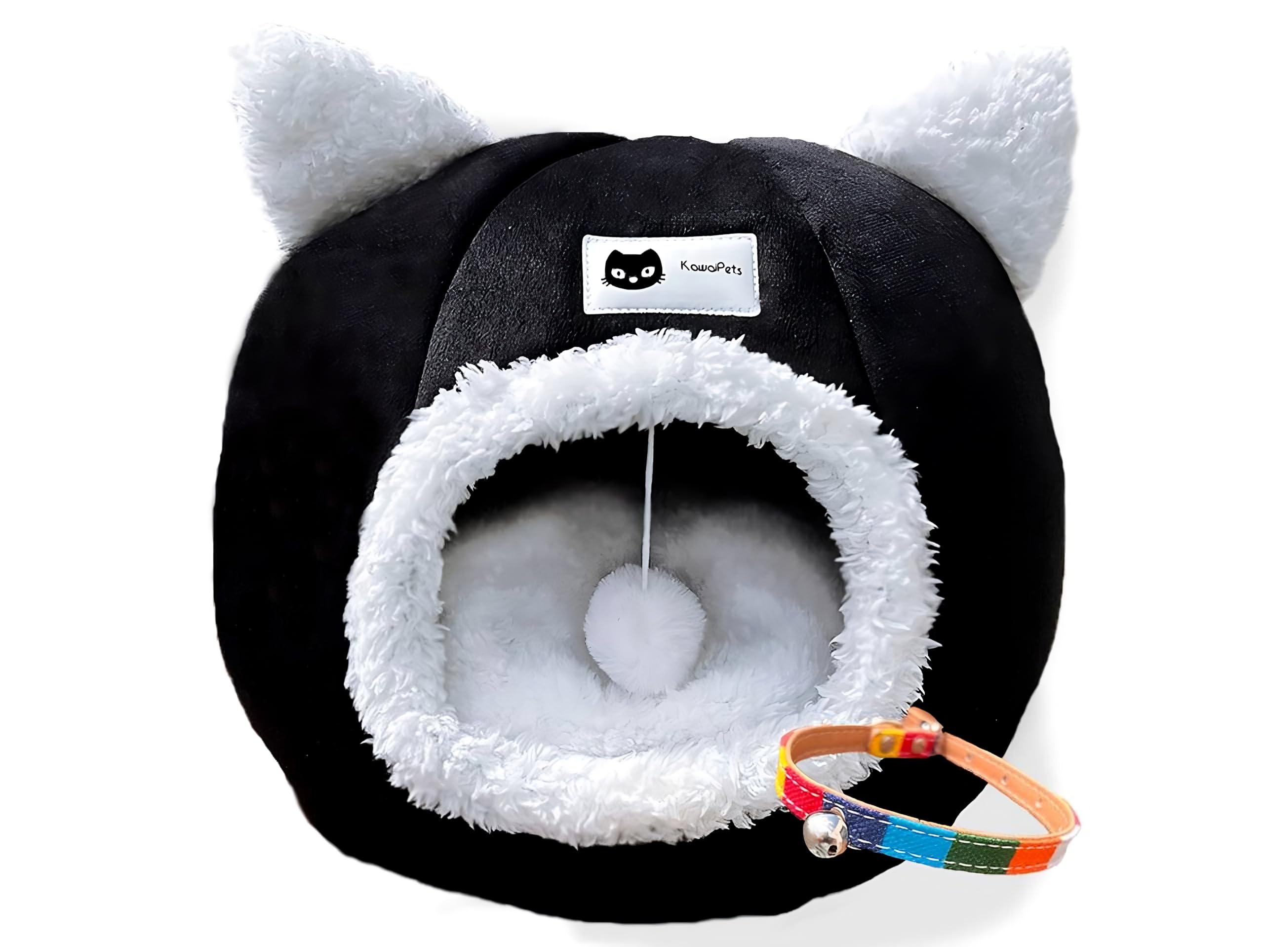Cama Gato - Casa Gato - Cama Perro Pequeño - Cueva Gato - Caseta Gato con Cojín Interior Desmontable, Lavable, Bola Colgante Juguete, con Collar Multicolor de Regalo, para Verano e Invierno 2en1.