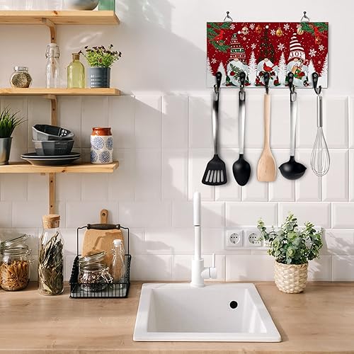 Miniatura 4 de Llavero rojo con diseño de gnomo de Navidad y copos de nieve para decoración de pared, soporte para llaves de madera con 5 ganchos para llaves,