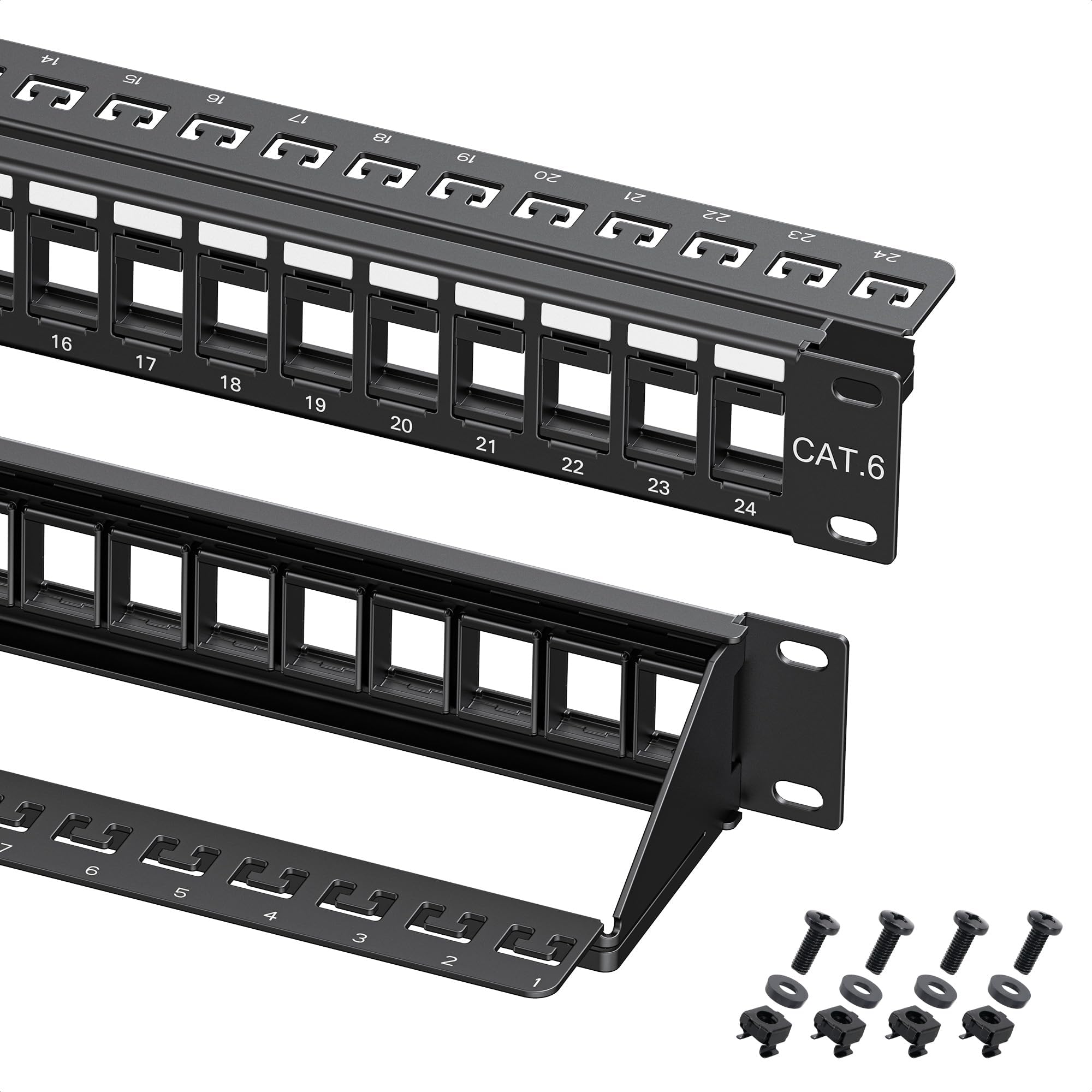 Cable Matters Rackmount or Wall Mount 1U 24 Port Keystone Patch Panel with Cable Management and Support Bar, 19-inch Blank Patch Panel for Keystone Jacks