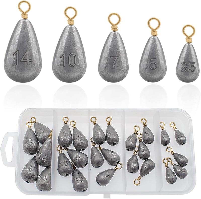 Pesas de pesca, 25 piezas de pesas de lanzamiento para lubinas | Pesas de pesca con plomo de 5 tamaños para bagre, agua salada, agua dulce