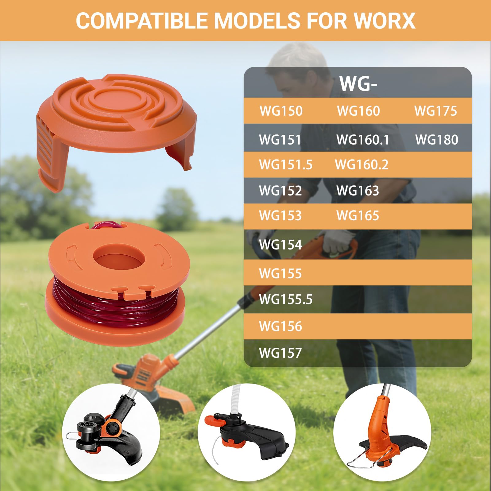Gucass Zestaw 12 zapasowych szpul z żyłką do podkaszarki, kompatybilny ze wszystkimi podkaszarkami Worx 20 V, średnica 1,65 mm, 3 m, zawiera 10 opakowań żyłki do podkaszarki i 2 opakowania zaślepek